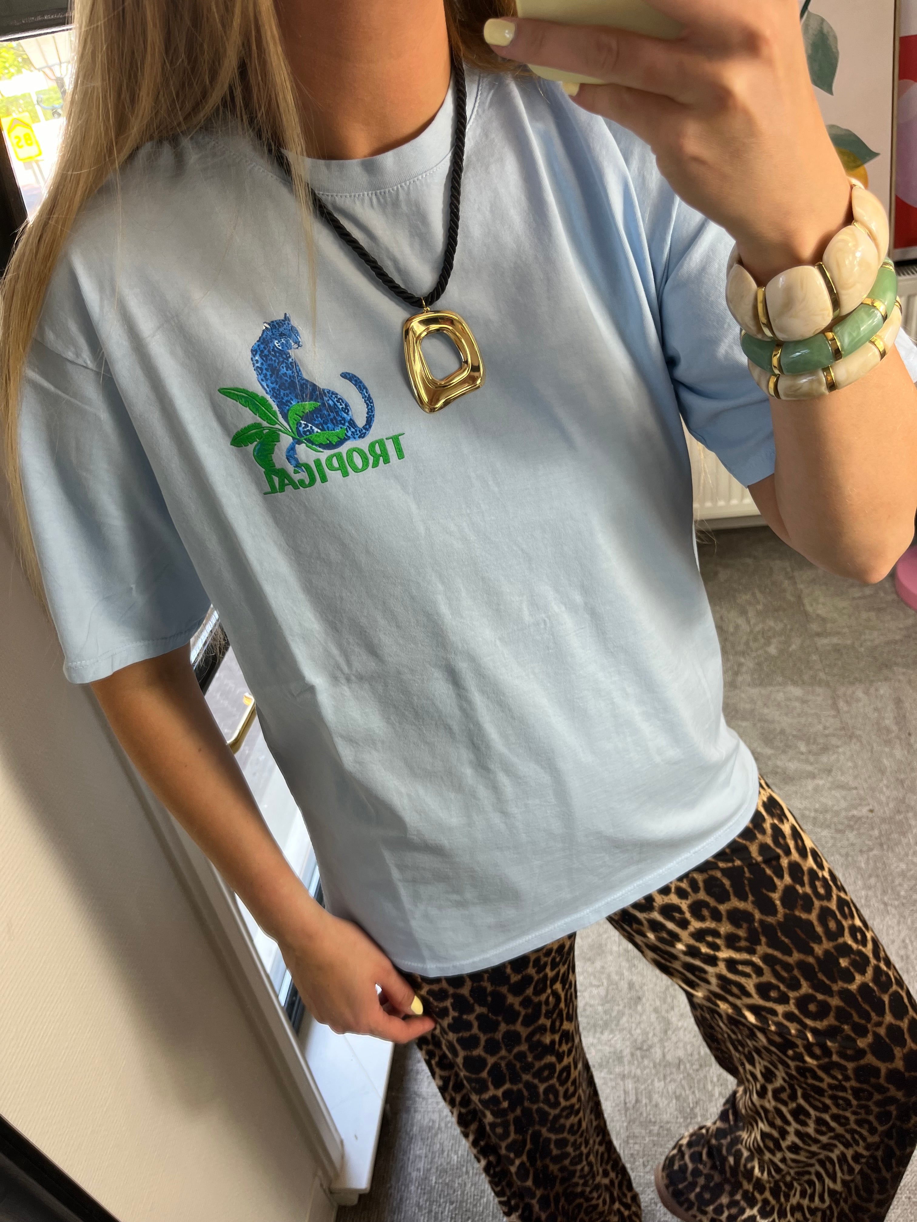 BLAUW SHIRT MET PANTER TROPICAL