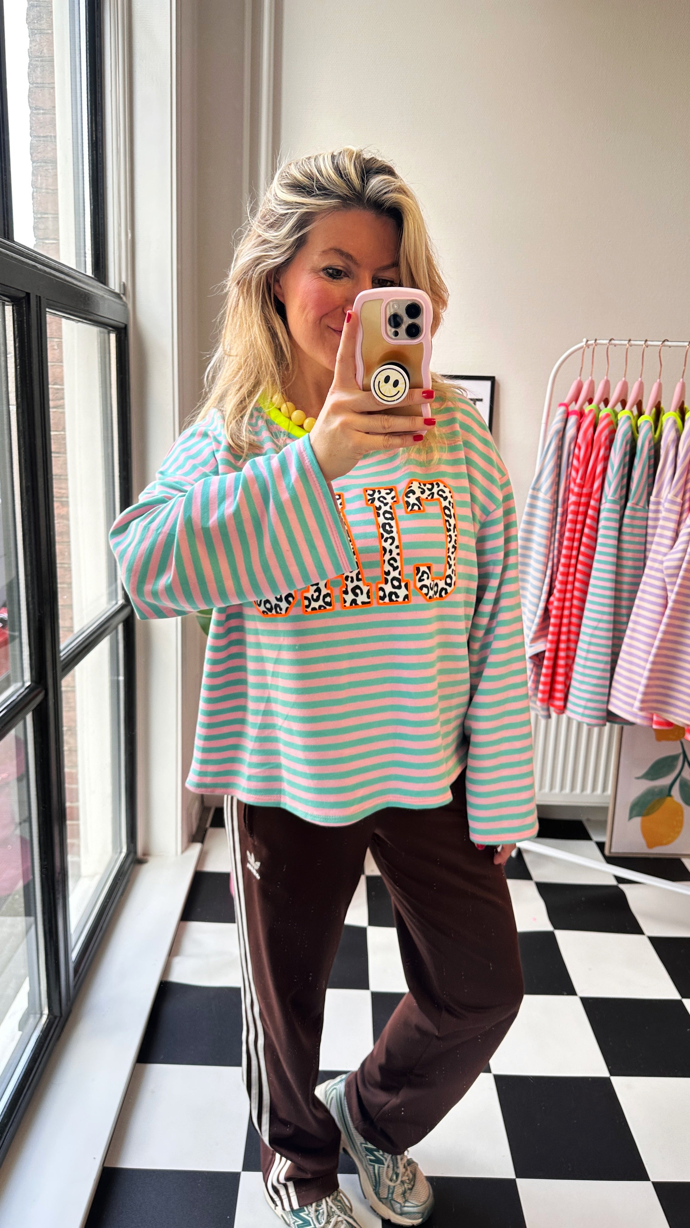 GESTREEPTE LONGSLEEVE PANTER CIAO TURQUOISE ROZE