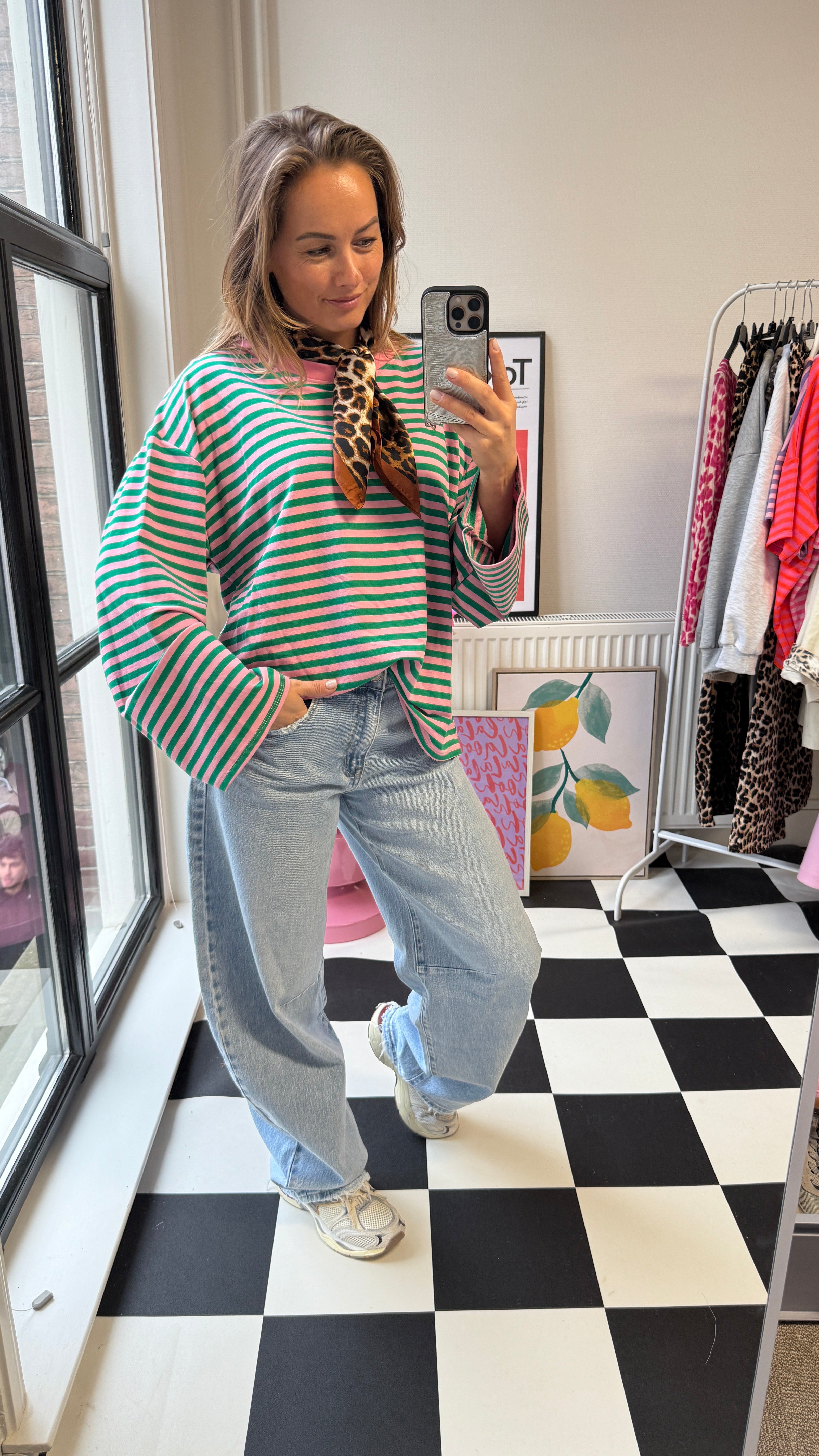 KIKI ROZE/GROEN STREEPJES SHIRT MET LANGE MOUWEN