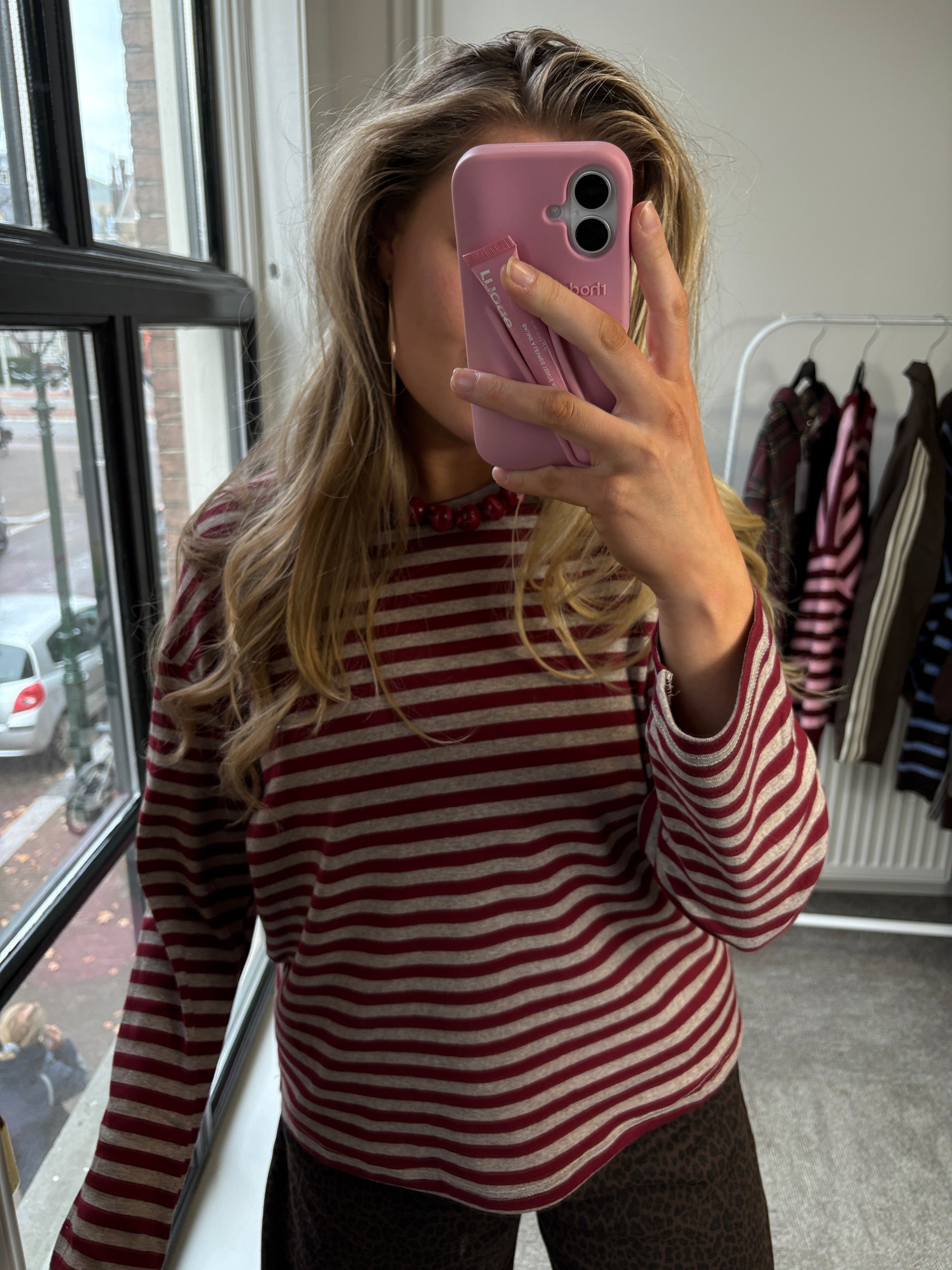 STREEPJES SHIRT GRIJS/BURGUNDY