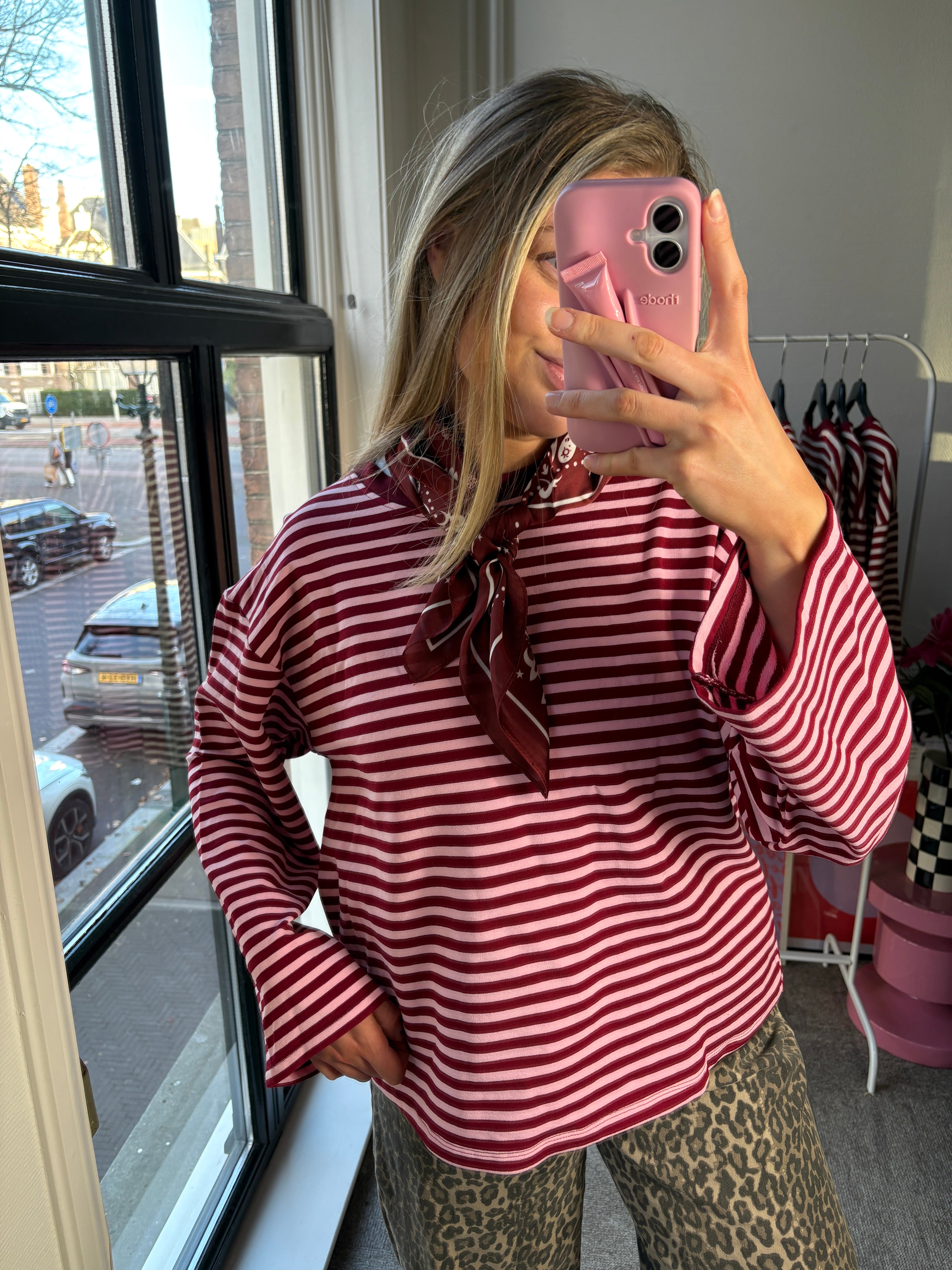 KIKI STREEPJES SHIRT ROZE/ BURGUNDY