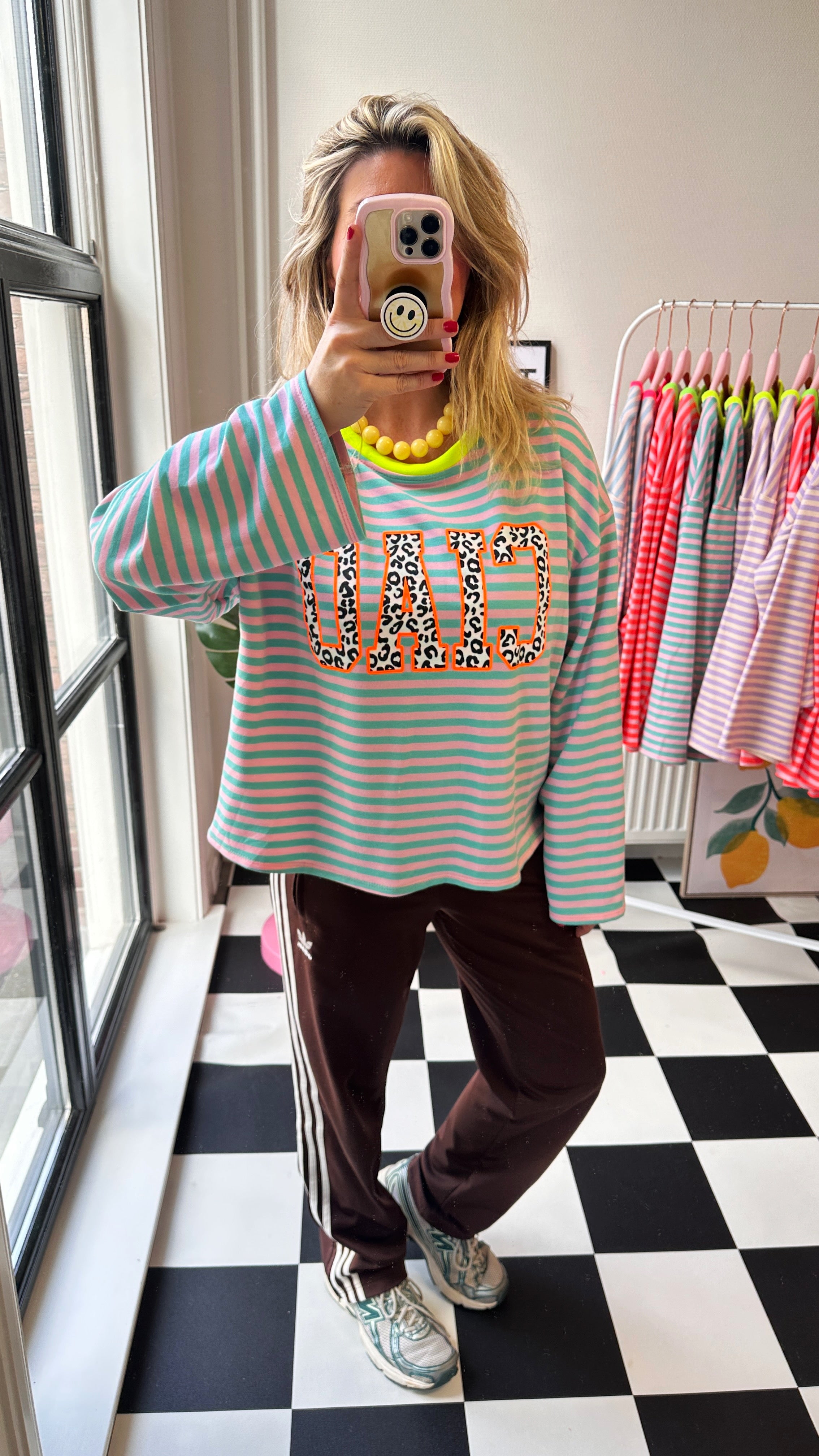 GESTREEPTE LONGSLEEVE PANTER CIAO TURQUOISE ROZE