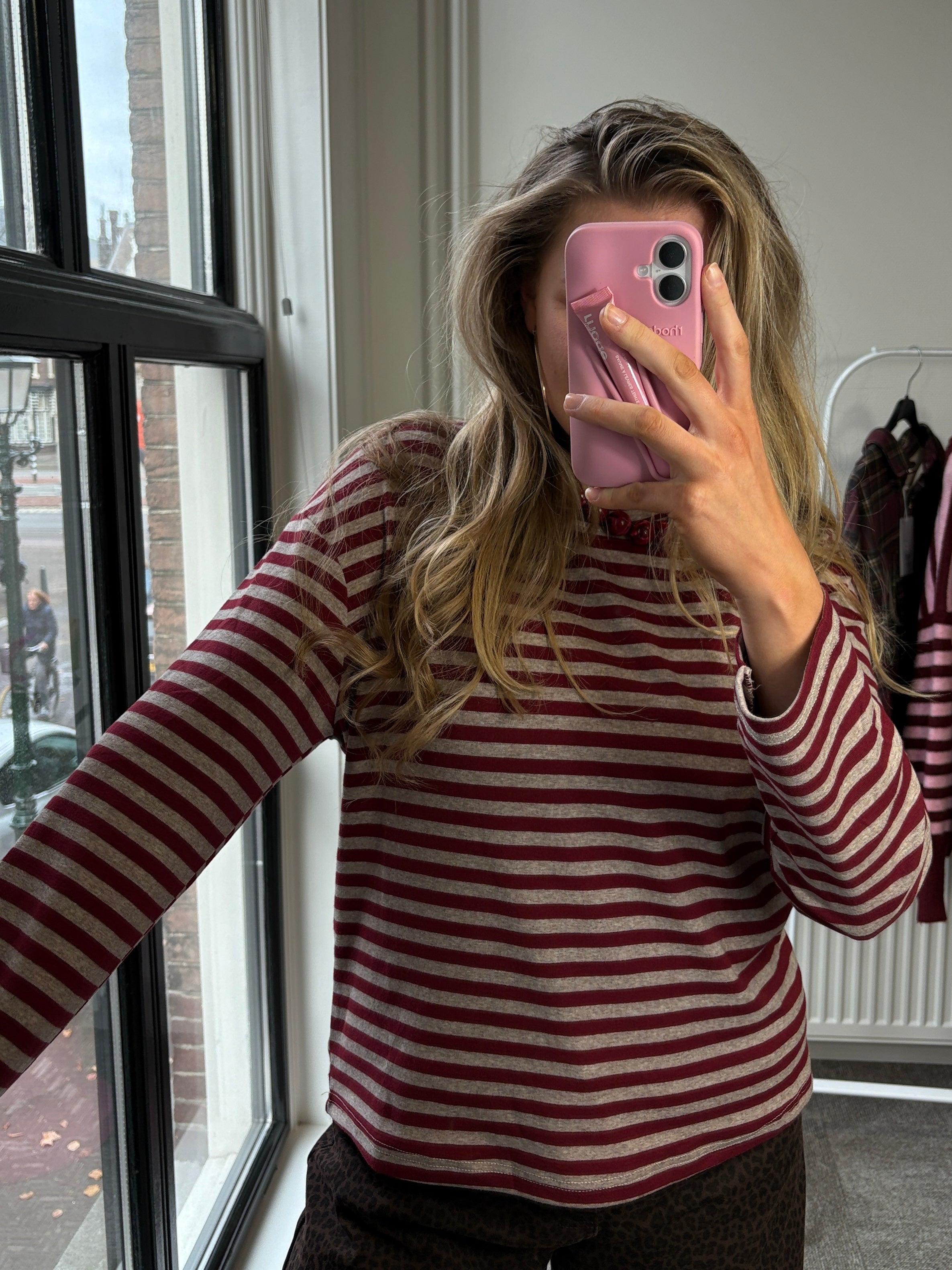 STREEPJES SHIRT GRIJS/BURGUNDY