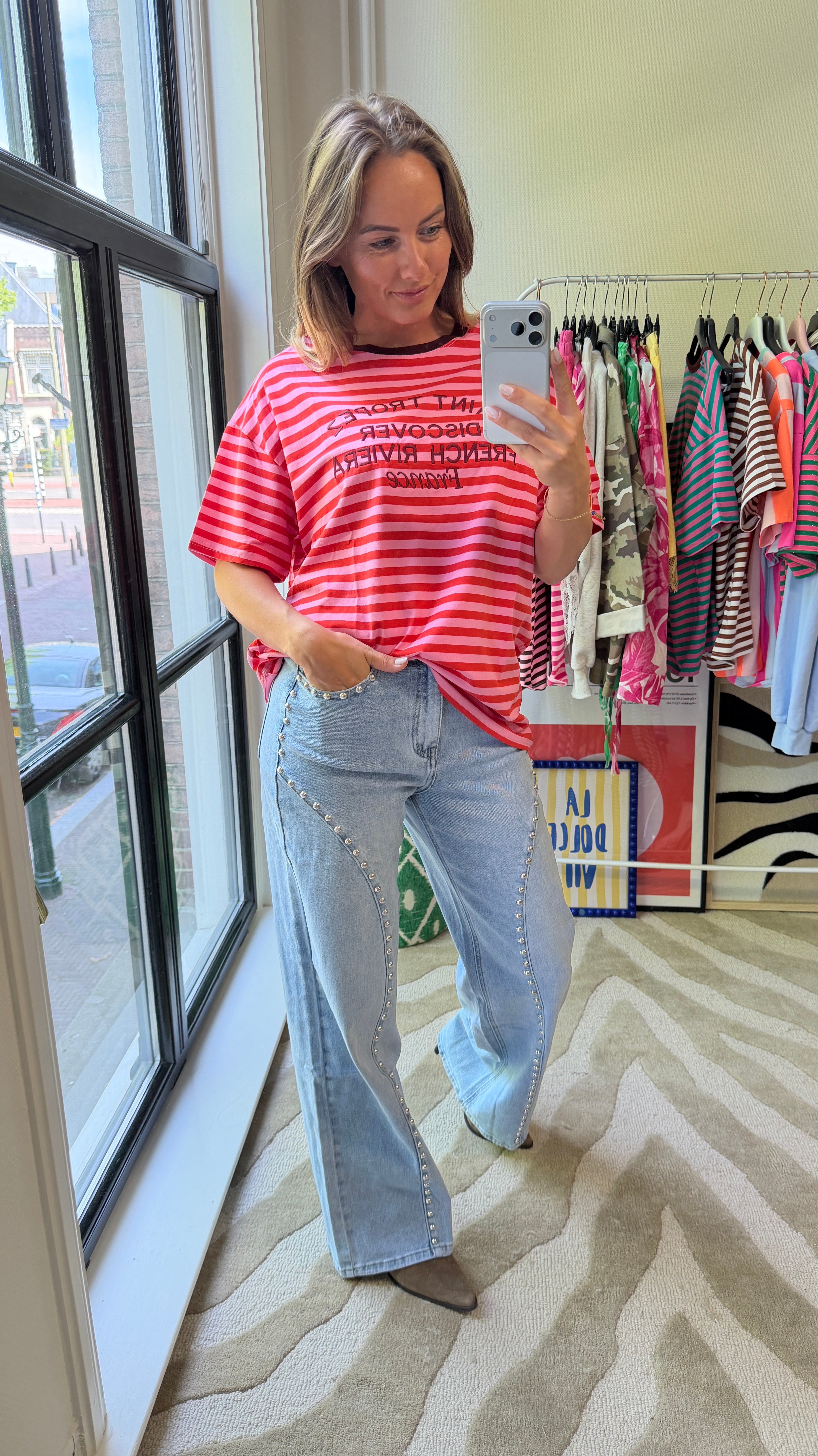 CÉLINE GESTREEPT T-SHIRT SAINT TROPEZ ROZE/ROOD