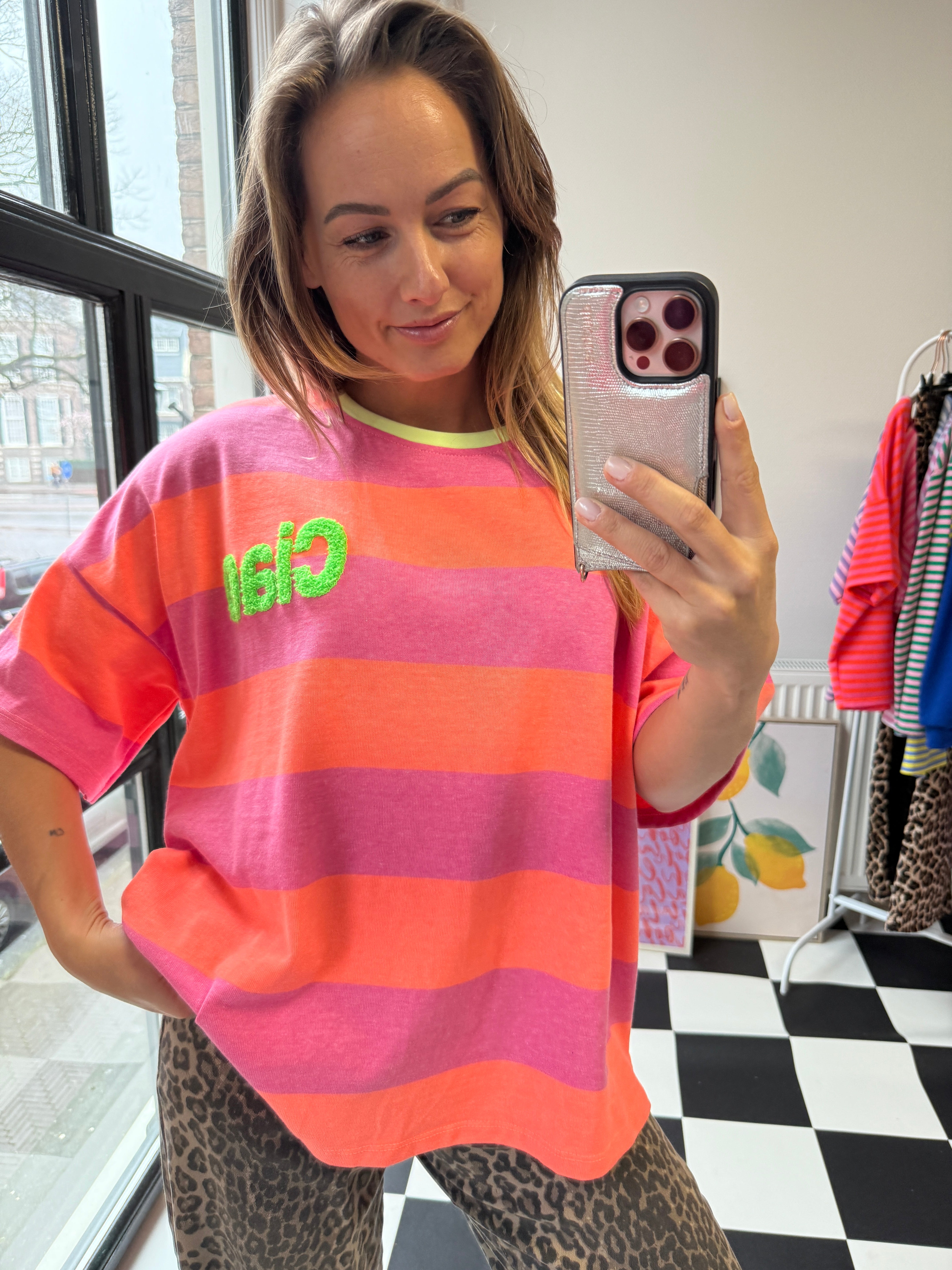 MUSTHAVE CIAO GESTREEPT T-SHIRT ROZE/ORANJE