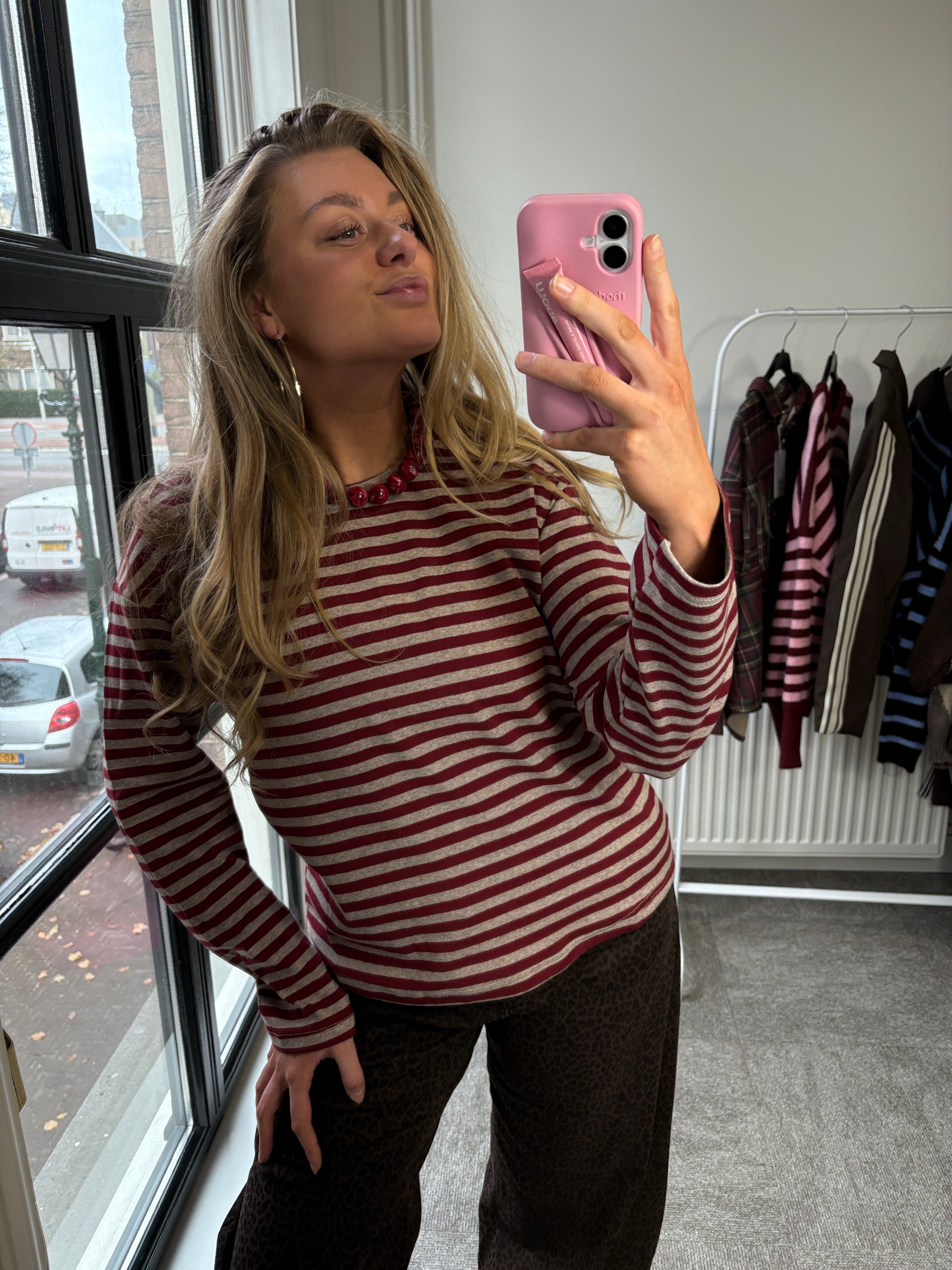 STREEPJES SHIRT GRIJS/BURGUNDY