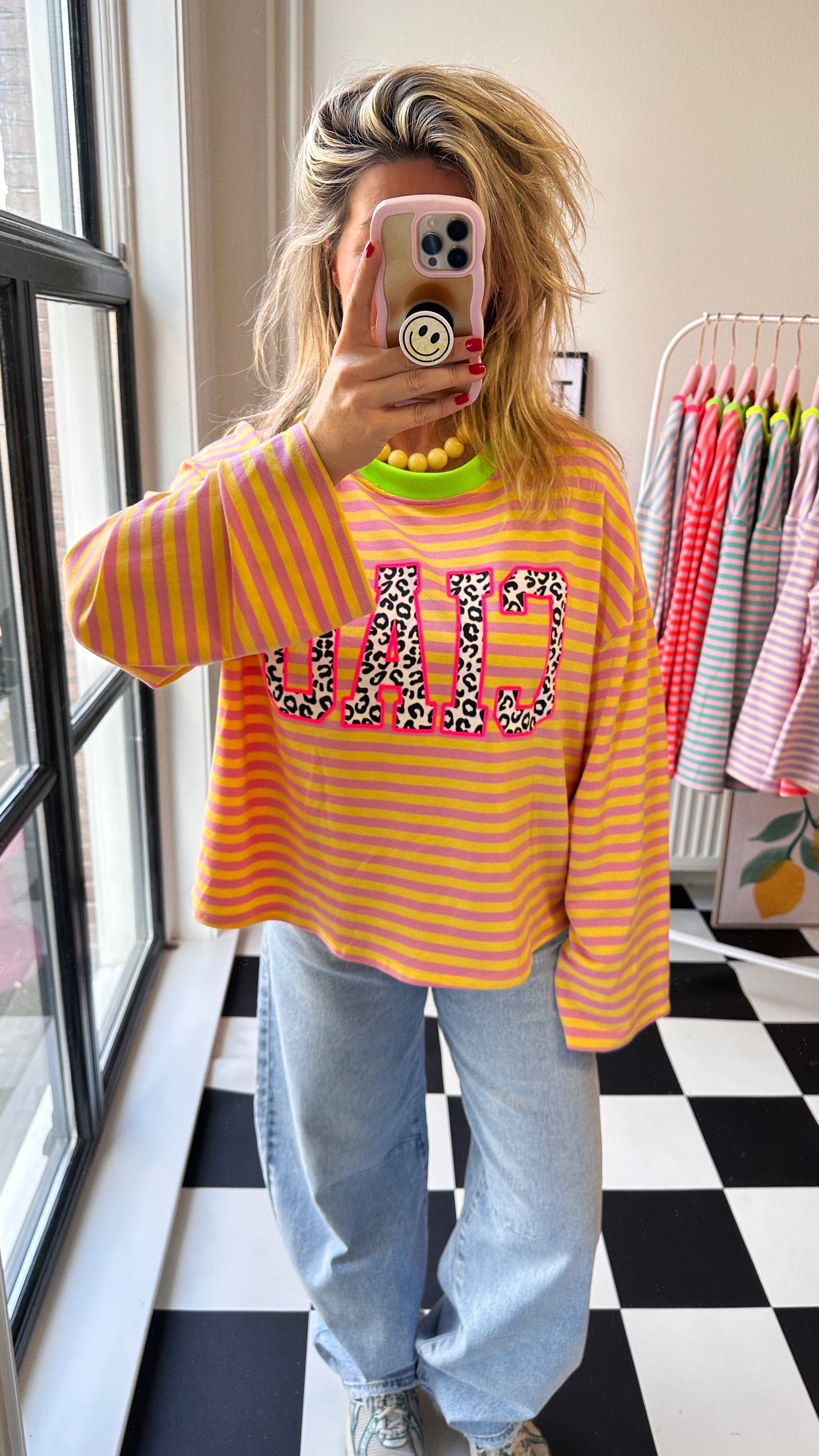 GESTREEPTE LONGSLEEVE PANTER CIAO GEEL ROZE