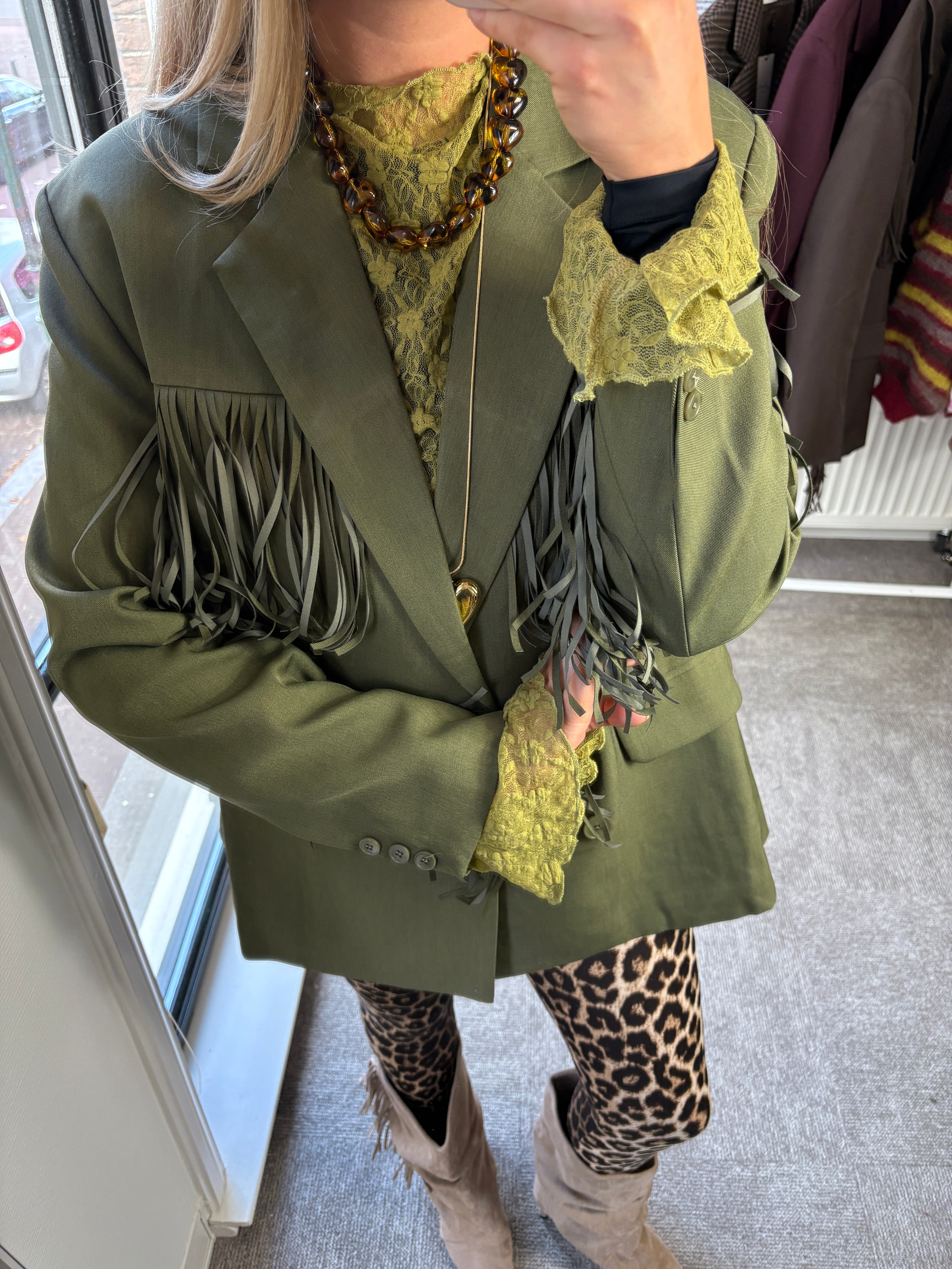 MAUD MUSTHAVE BLAZER GREEN FRINGE