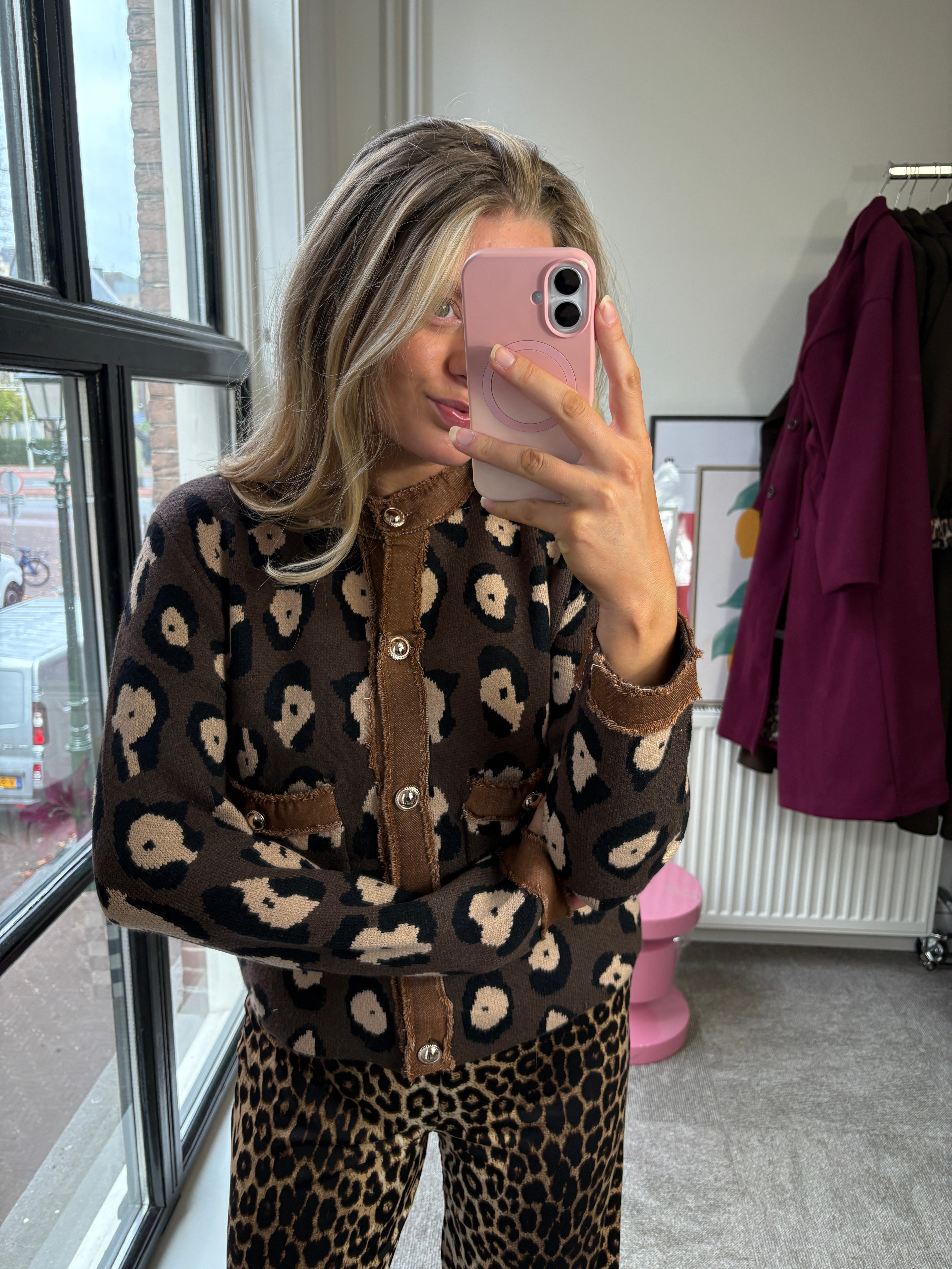 MARJO PANTHER PRINT CARDIGAN CHOCOLATE