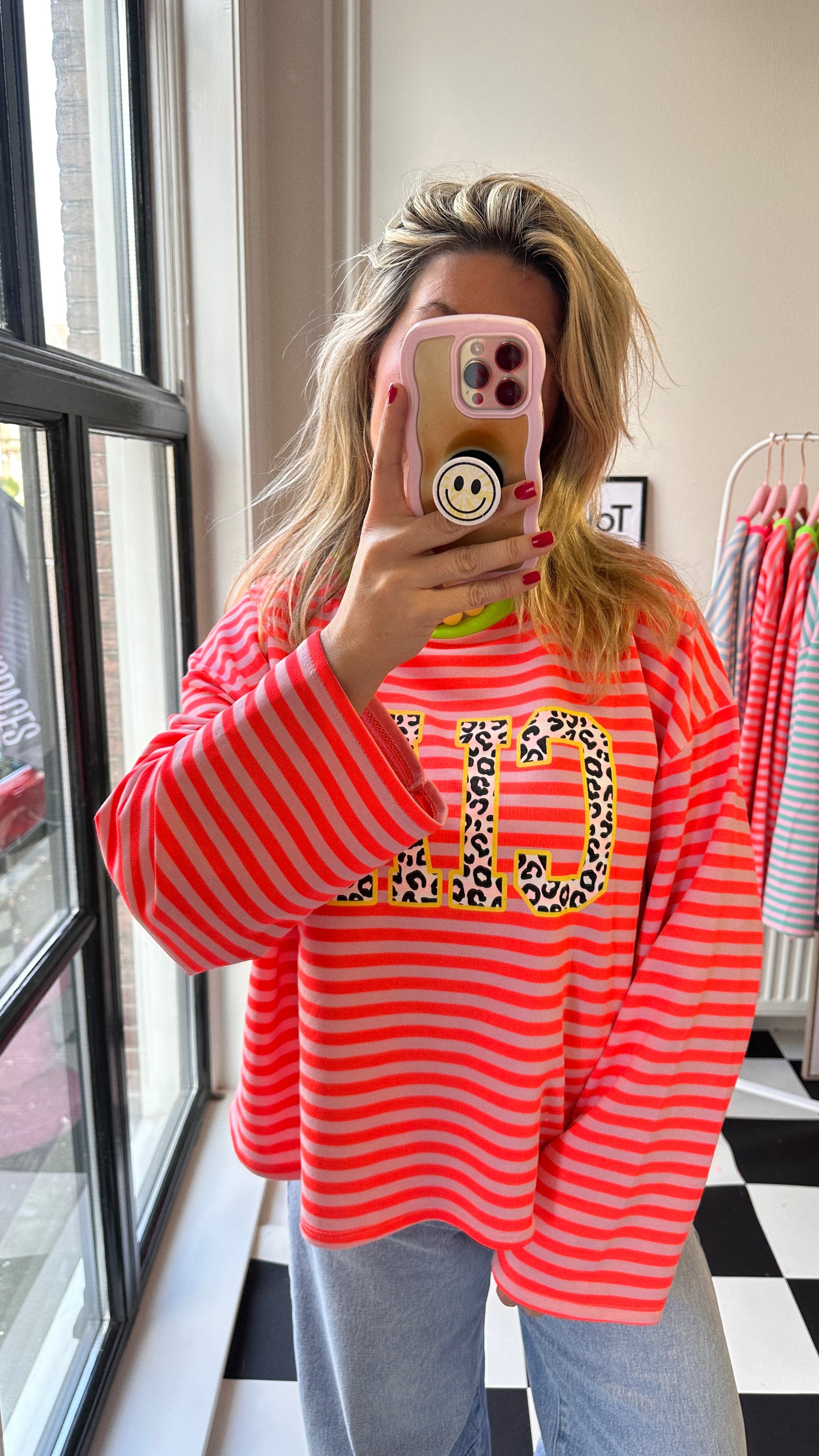 GESTREEPTE LONGSLEEVE PANTER CIAO ORANJE ROZE