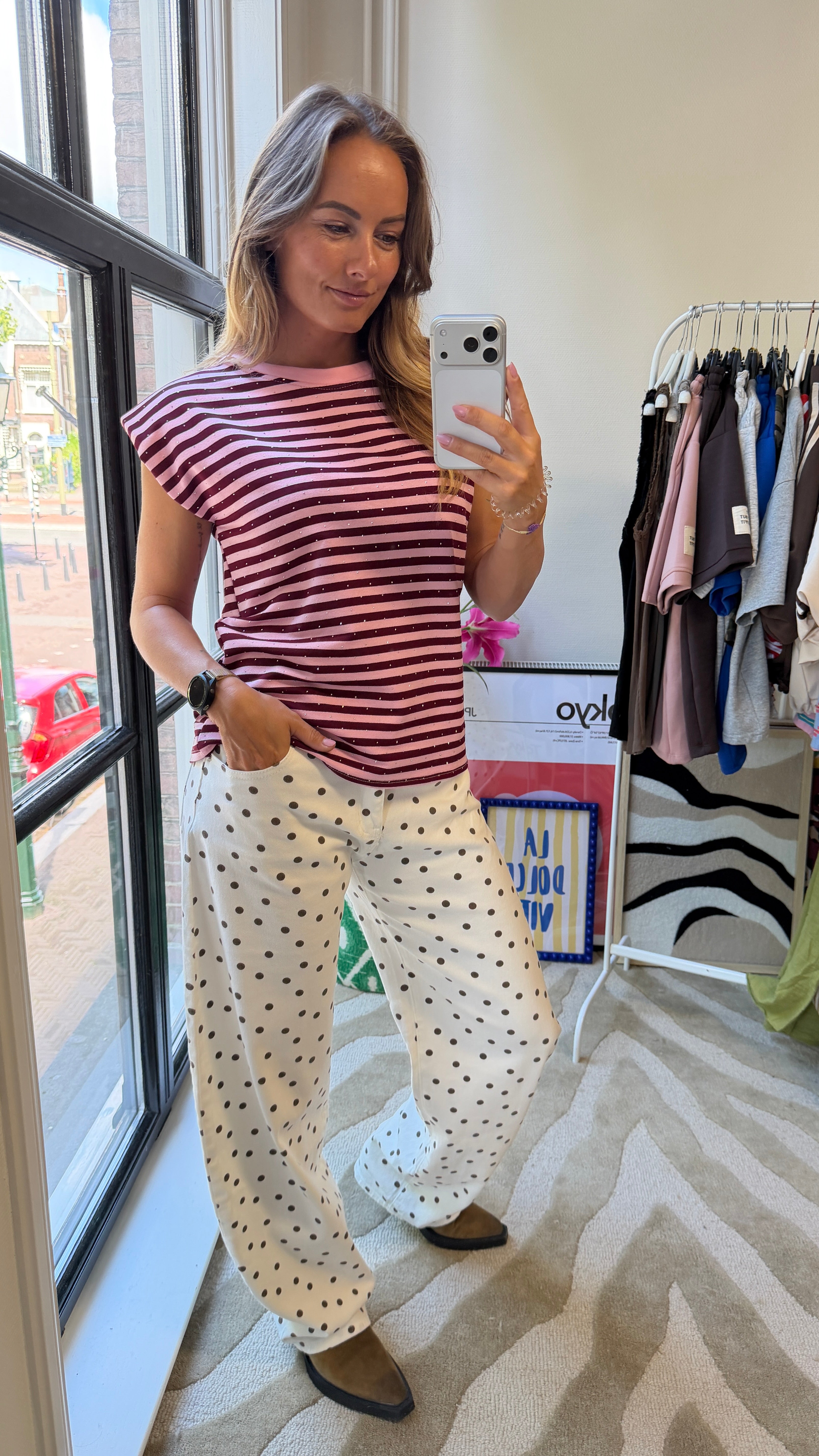MOLLY SHOULDER STREEP TOP BURGUNDY ROZE MET GLITTER