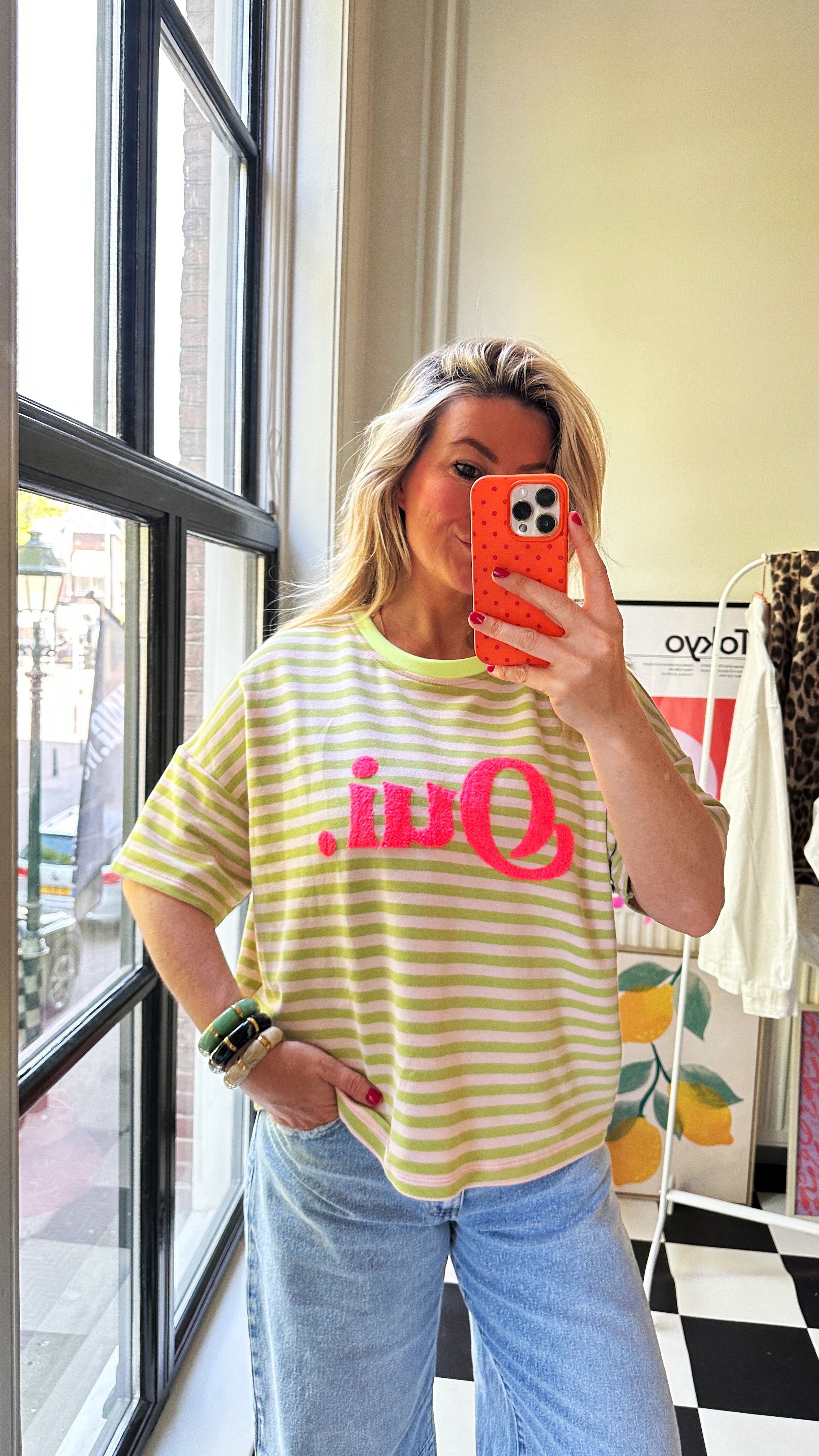 GESTREEPT T-SHIRT OUI GROEN MET BEIGE