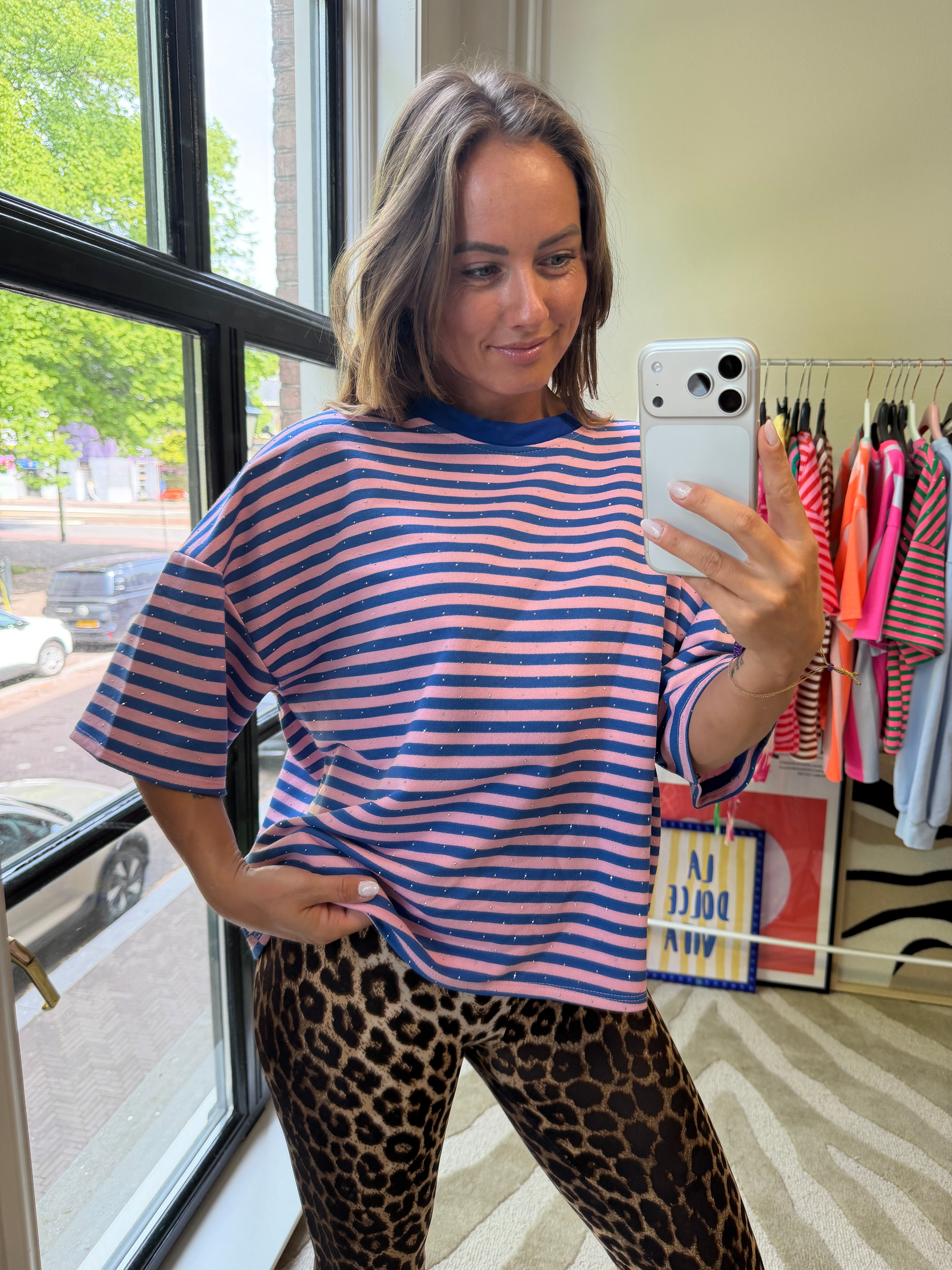 MUSTHAVE STREEPJES SHIRT GLITTER BLAUW ROZE