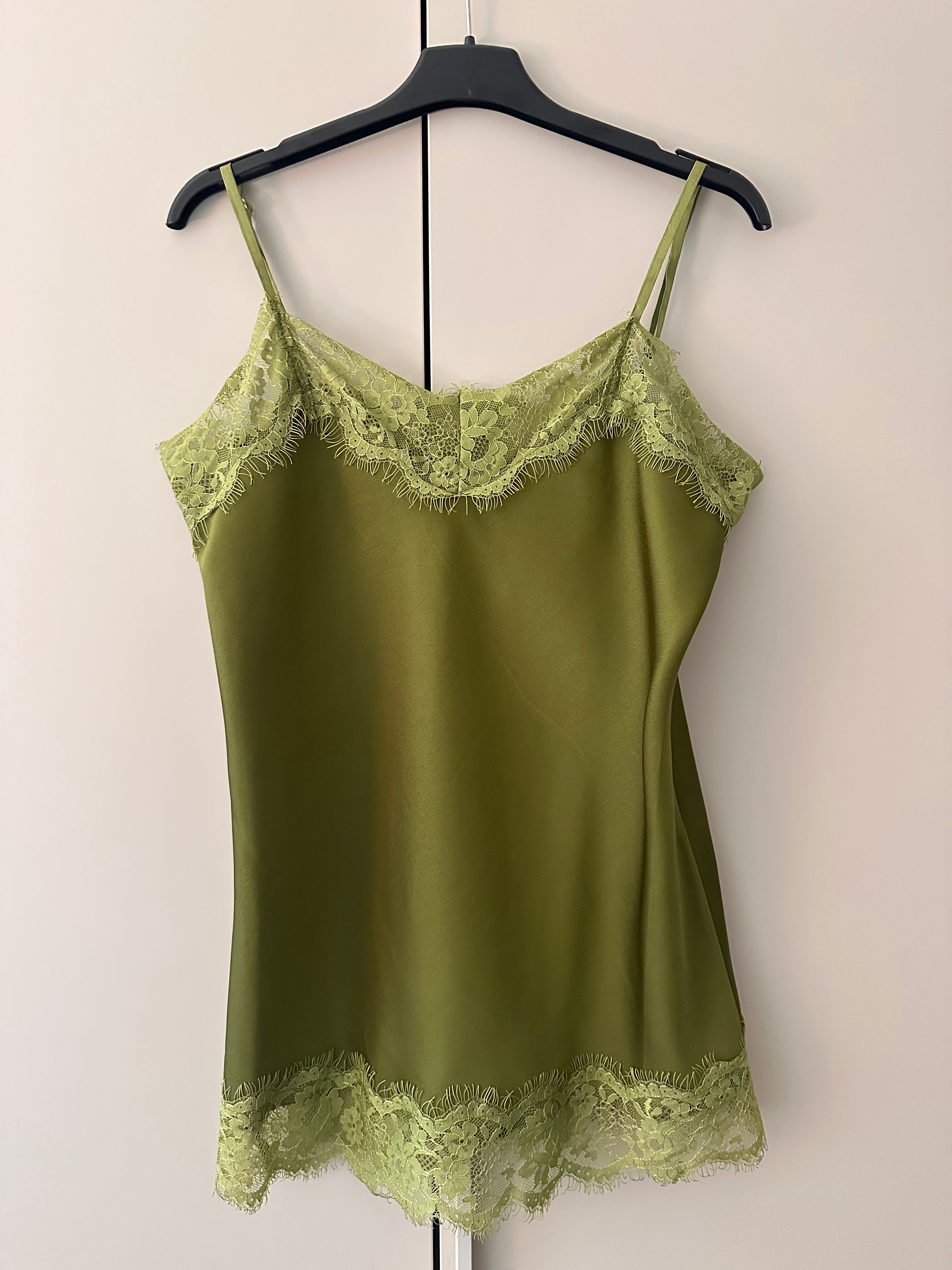 OLIVE GREEN SILK TOP IN LINGERIE STYLE