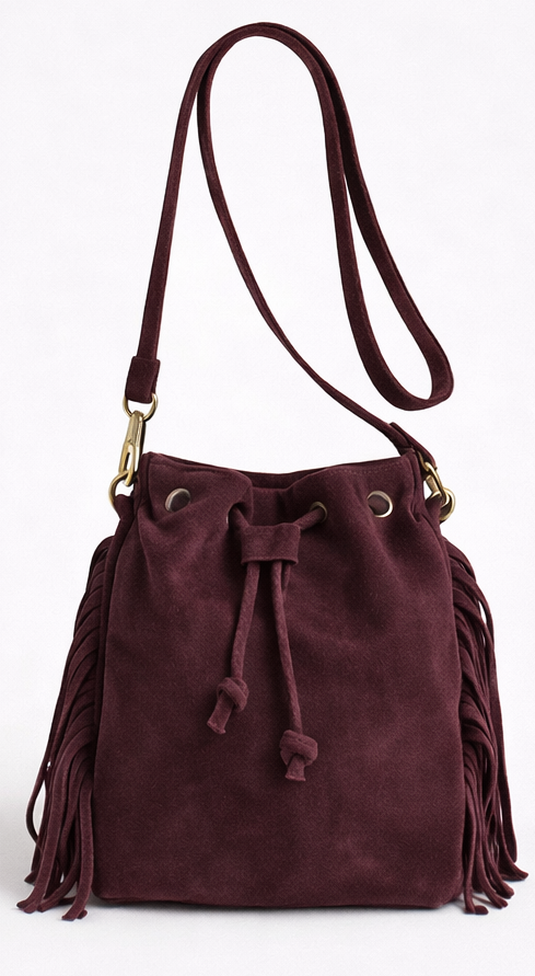 Burgundy suede crossbody tas