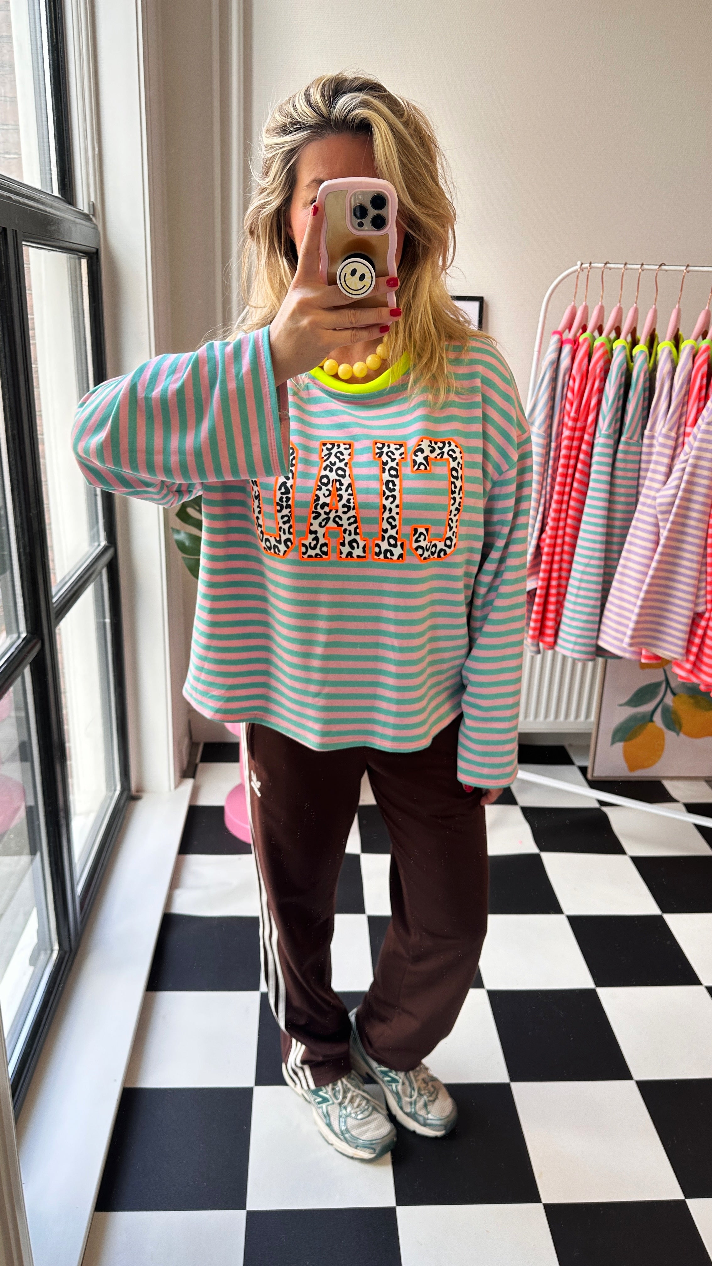 GESTREEPTE LONGSLEEVE PANTER CIAO TURQUOISE ROZE