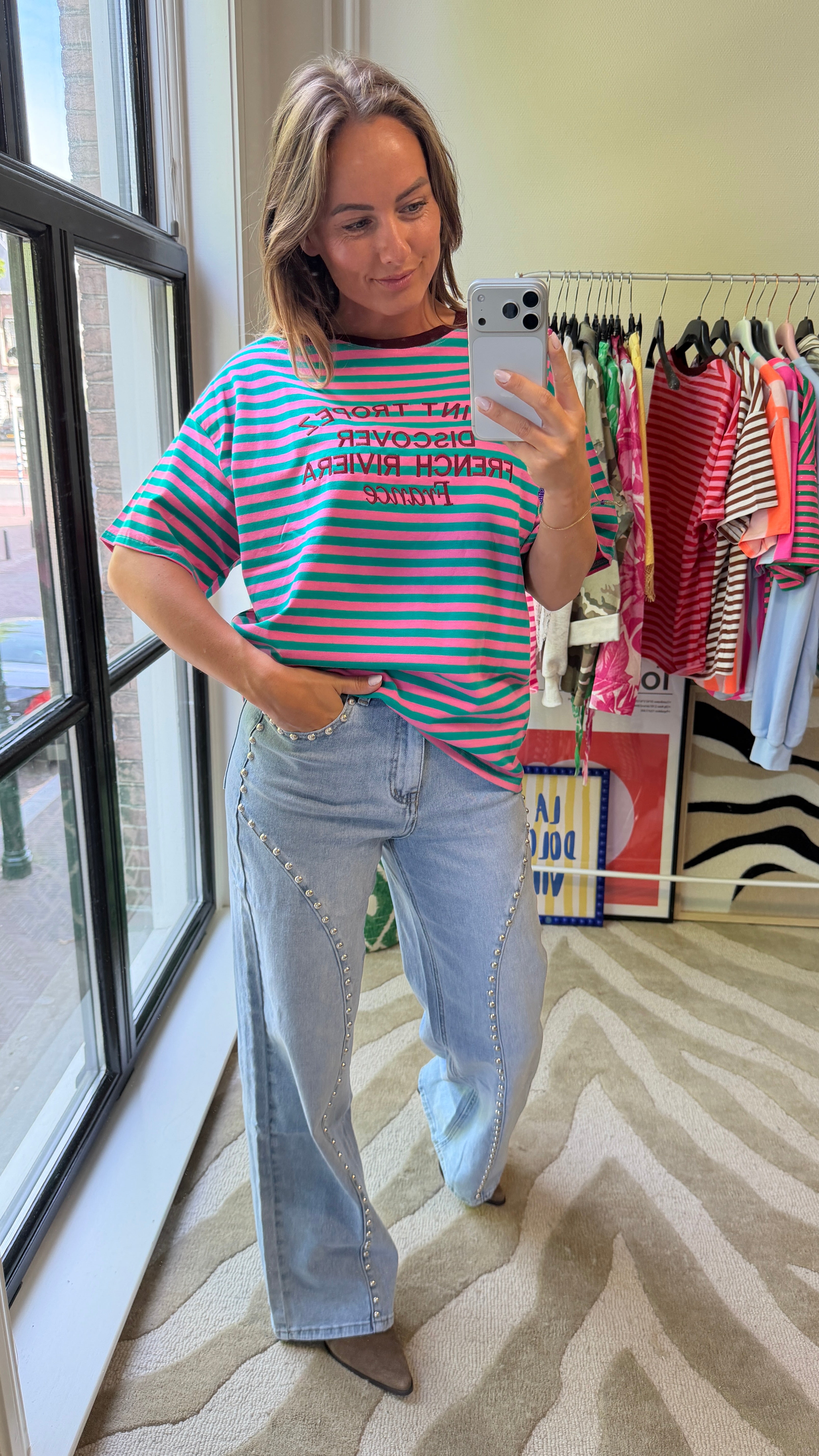 CÉLINE GESTREEPT T-SHIRT SAINT TROPEZ TURQUOISE/ROZE