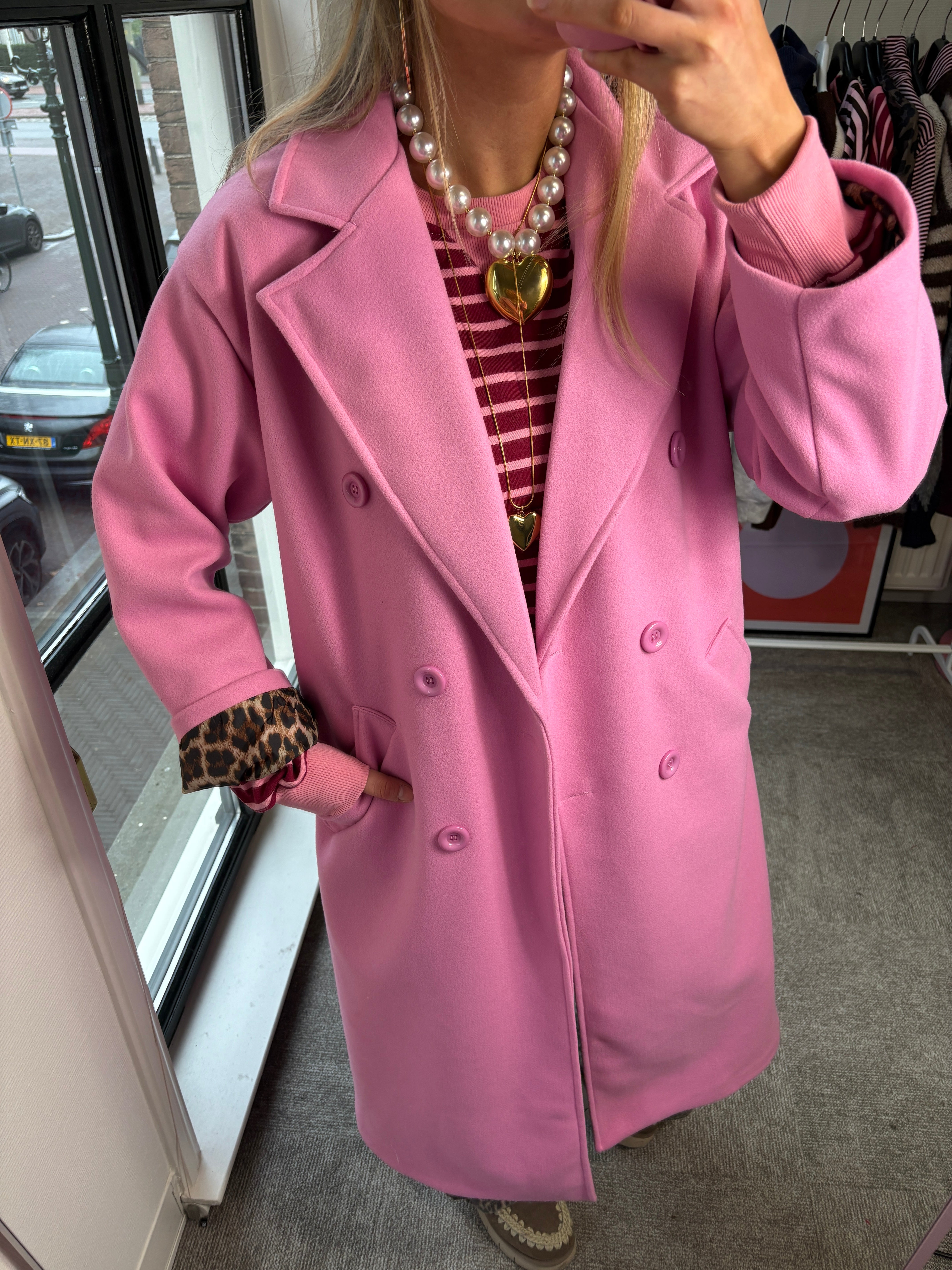 LIZZY MANTEL JAS ROZE MET PANTER