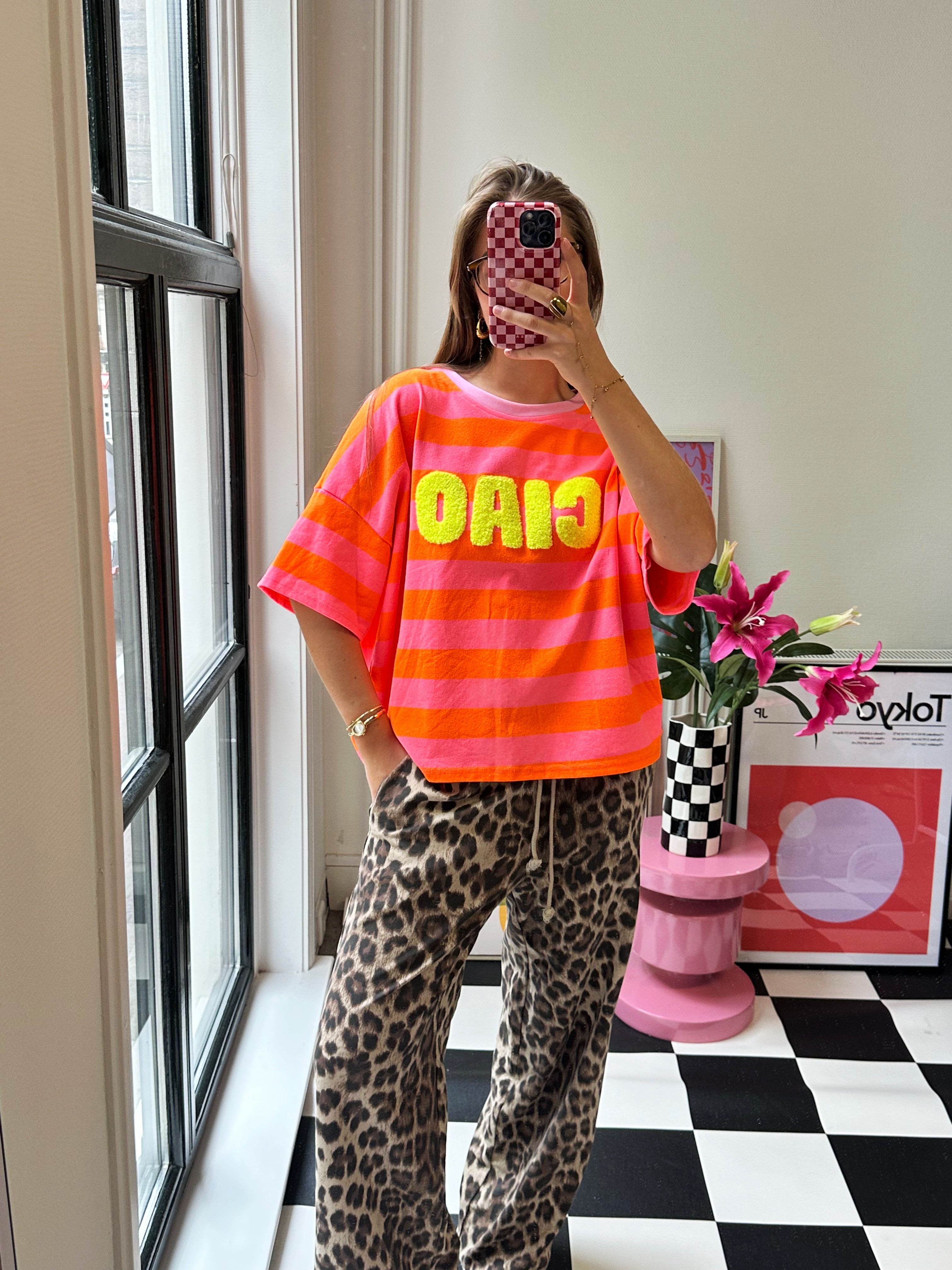 CIAO GESTREEPT T-SHIRT ROZE/ORANJE