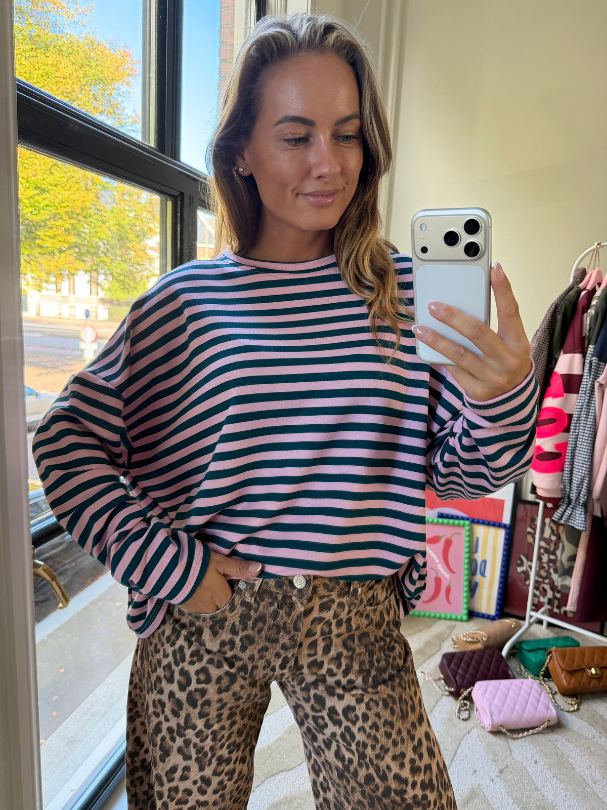 ALEXIA STREEP SHIRT ZEEGROEN ROZE