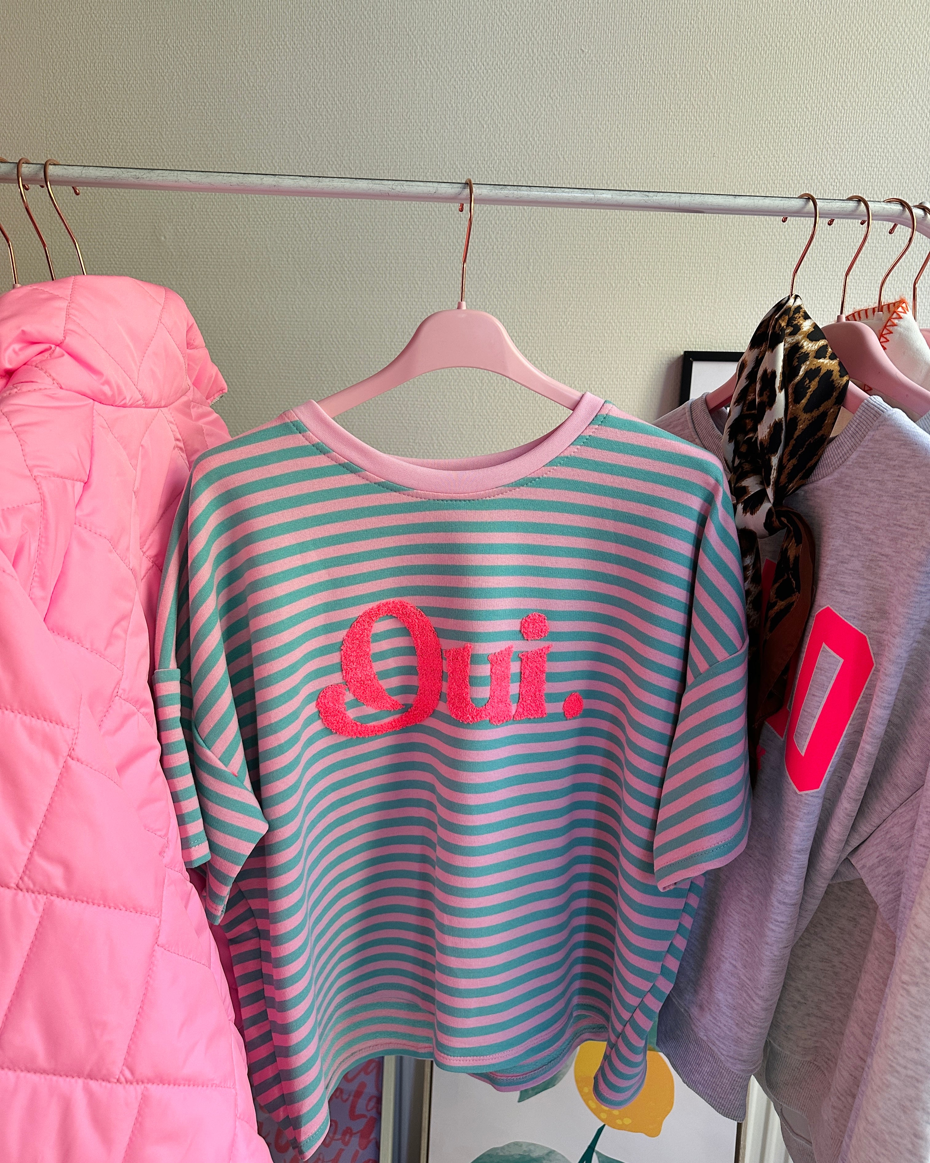 GESTREEPT T-SHIRT OUI TURQUOISE ROZE