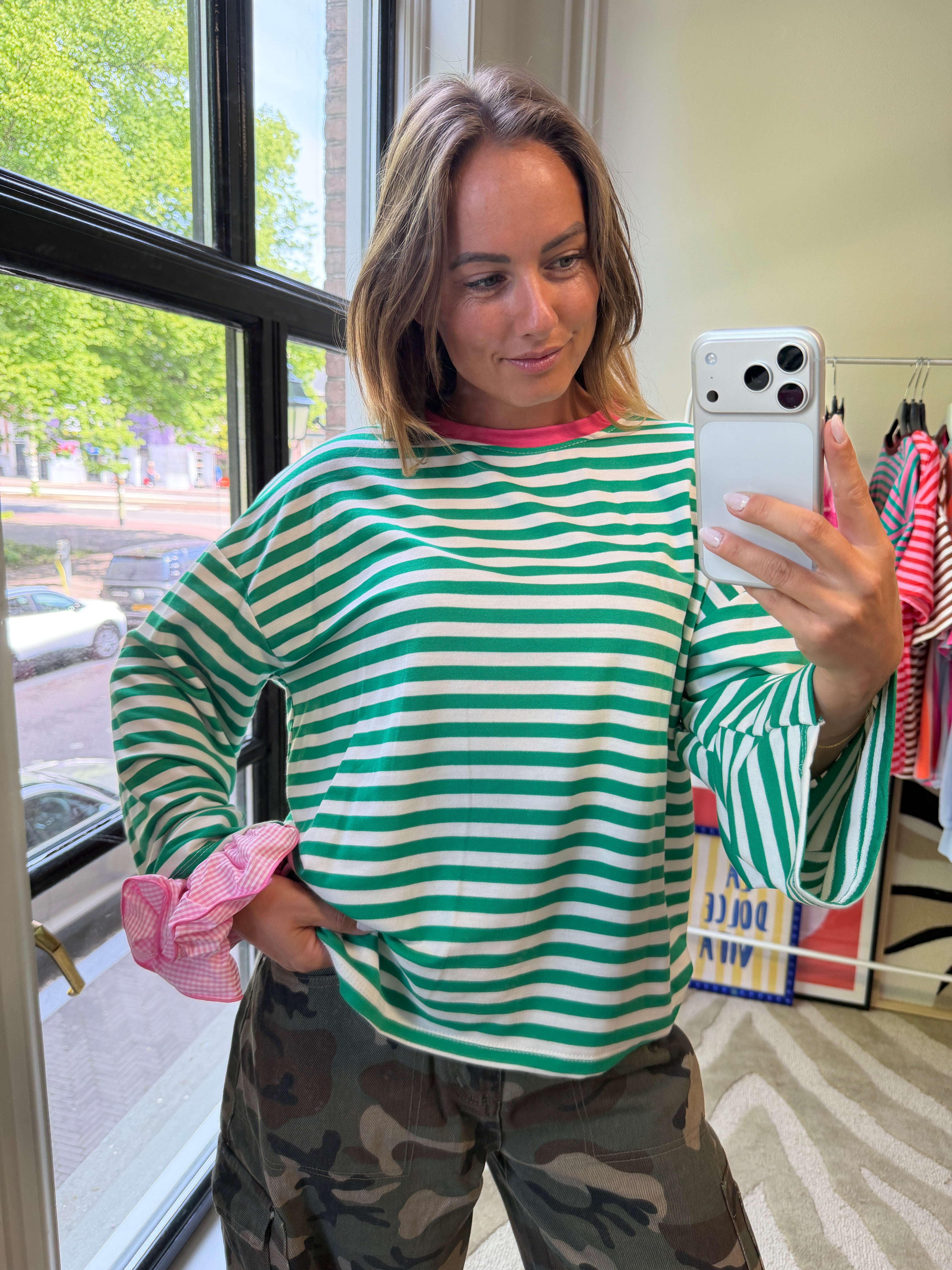 GROEN/WIT STREEPJES SHIRT MET LANGE MOUWEN