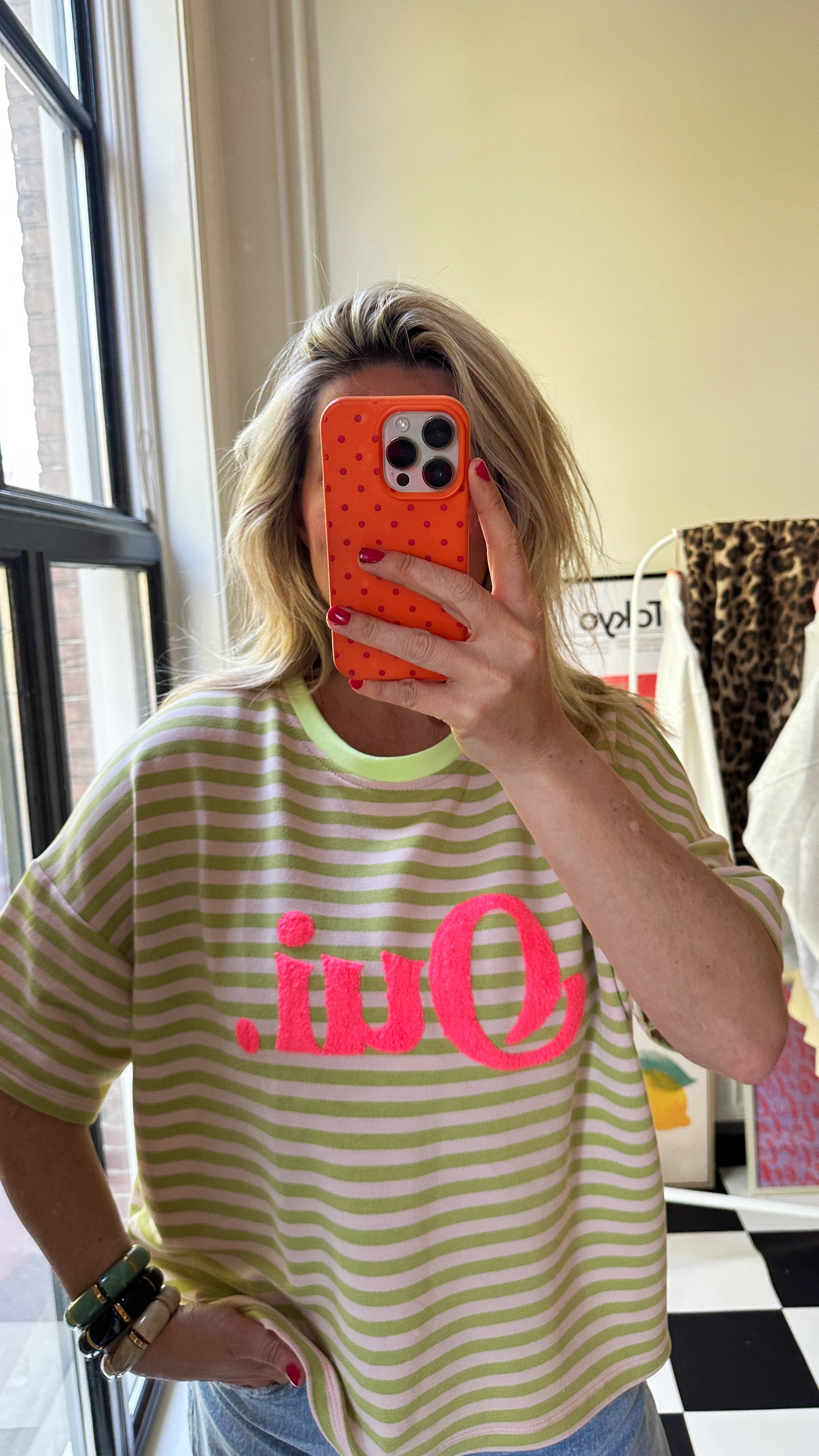 GESTREEPT T-SHIRT OUI GROEN MET BEIGE