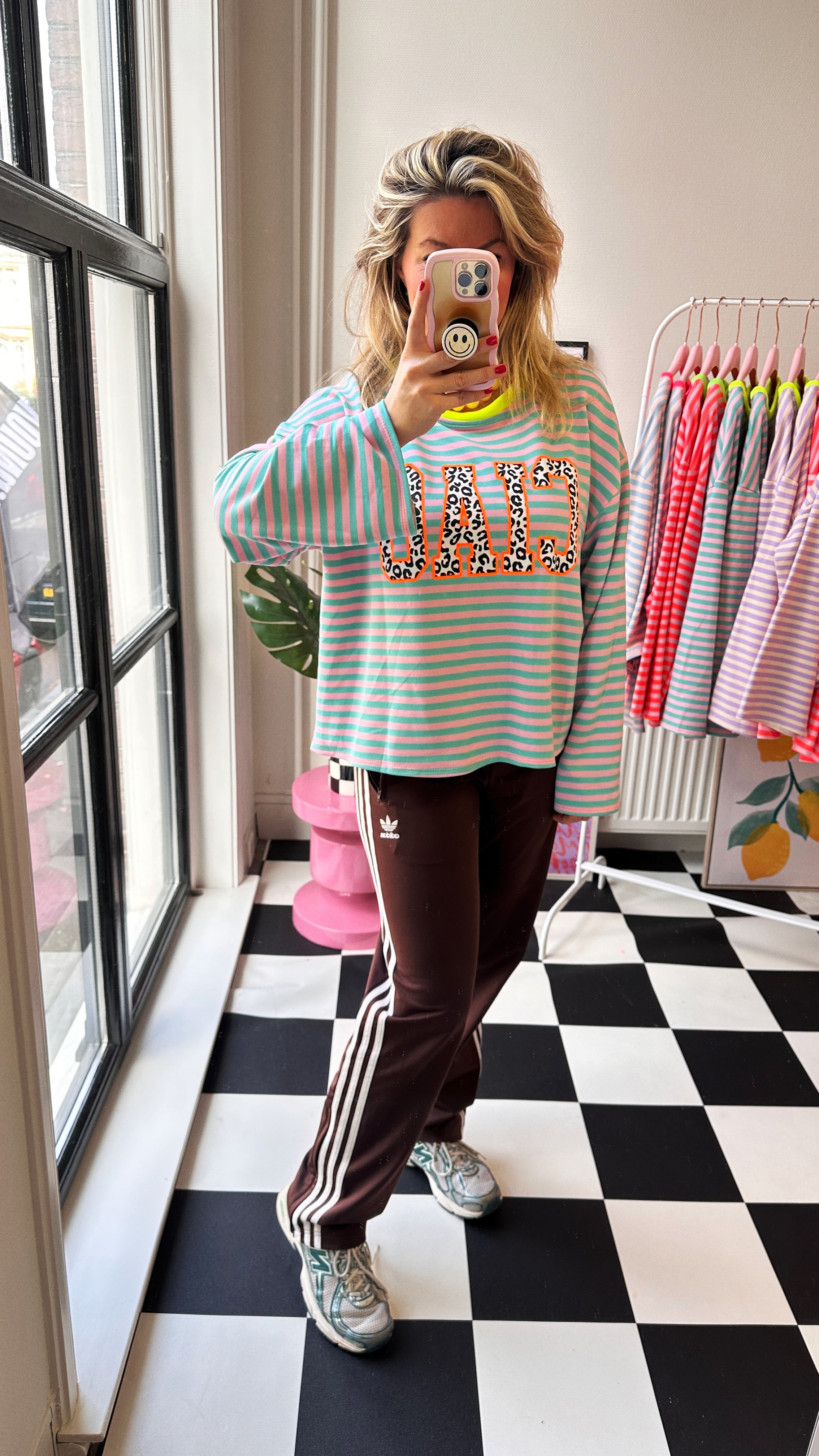 GESTREEPTE LONGSLEEVE PANTER CIAO TURQUOISE ROZE