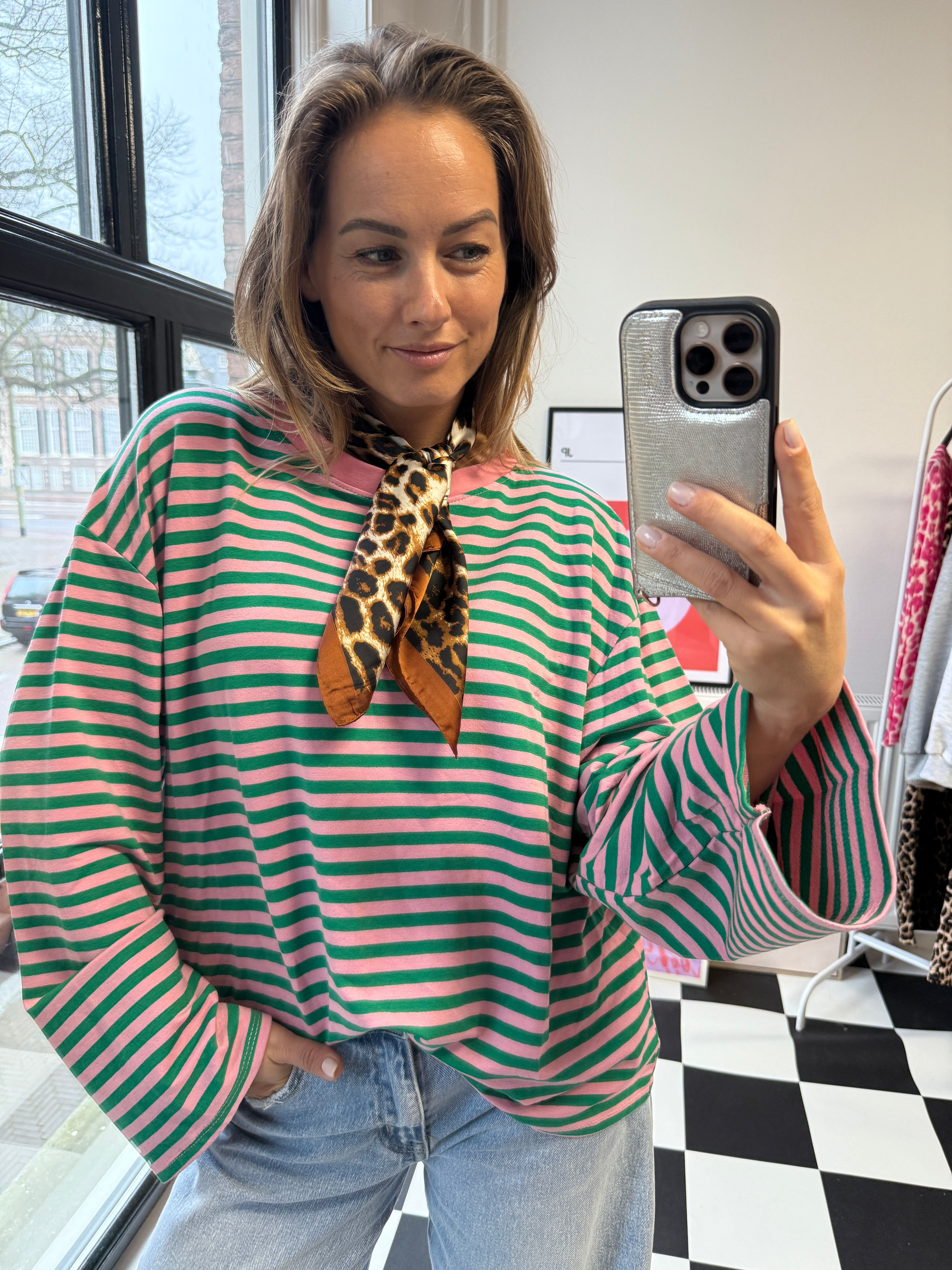 KIKI ROZE/GROEN STREEPJES SHIRT MET LANGE MOUWEN