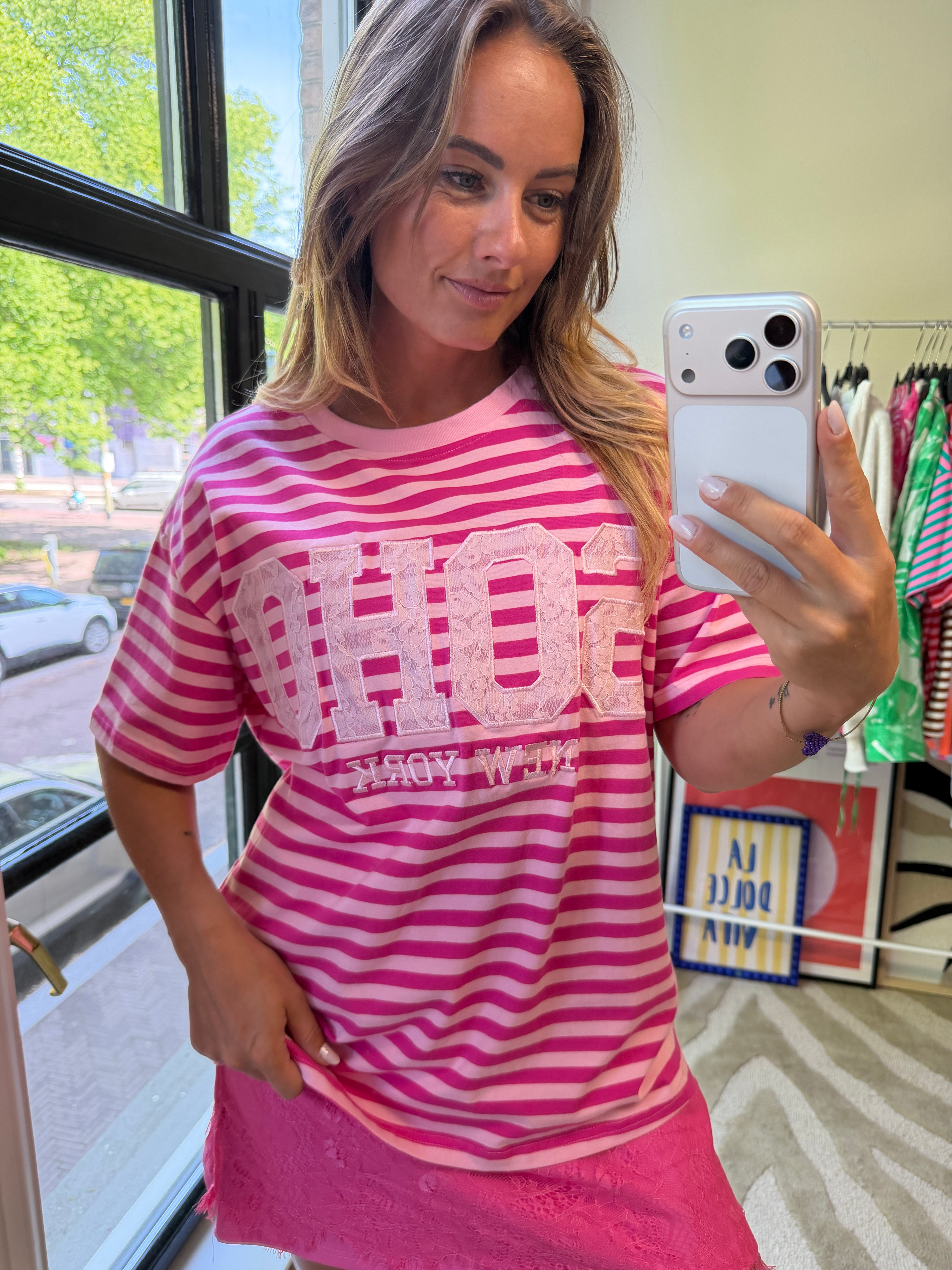 BELLA GESTREEPT T-SHIRT SOHO LACE ROZE