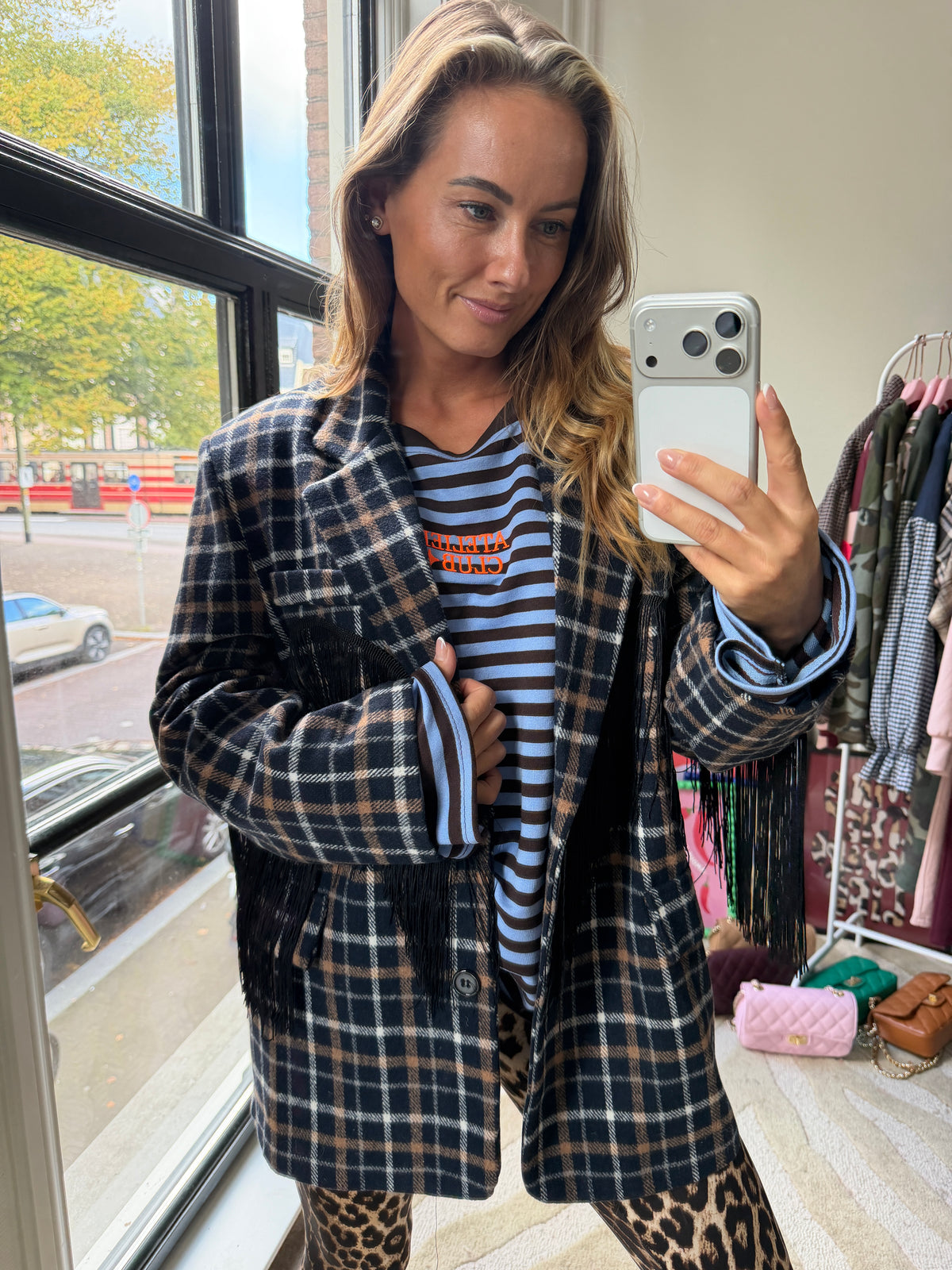 BLAUWE GERUITE BLAZER MET FRANJES