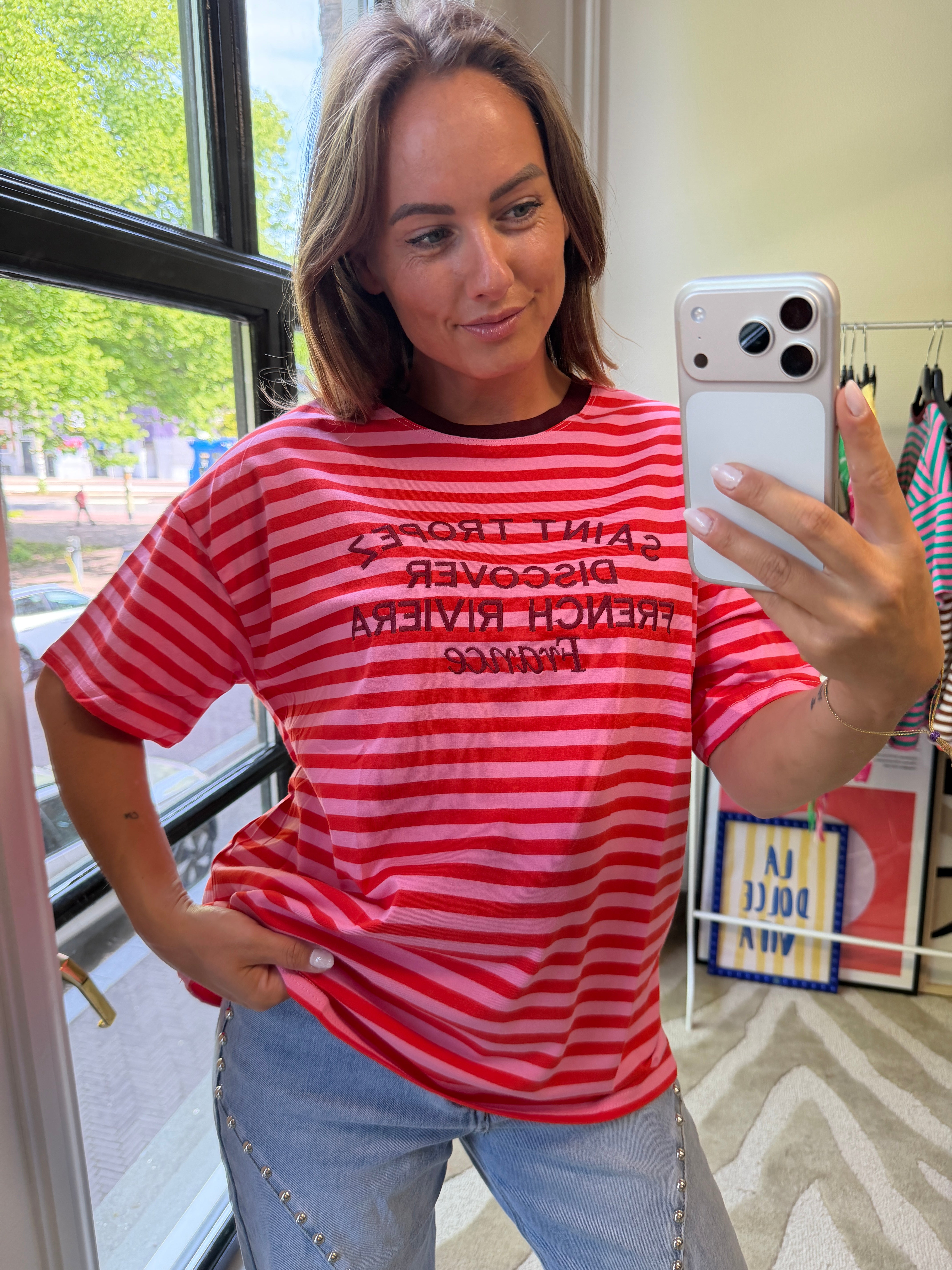 CÉLINE GESTREEPT T-SHIRT SAINT TROPEZ ROZE/ROOD
