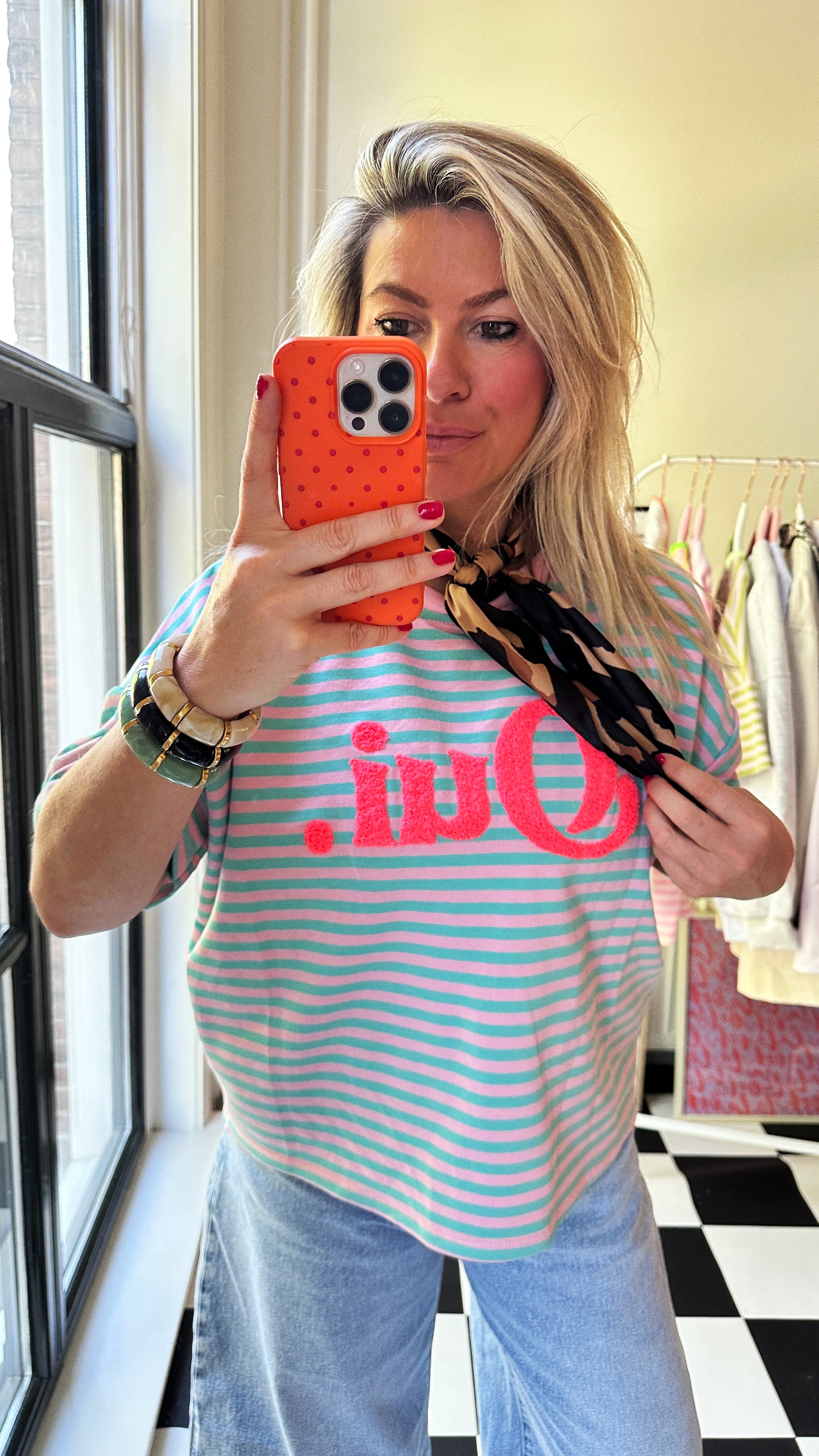 GESTREEPT T-SHIRT OUI TURQUOISE ROZE