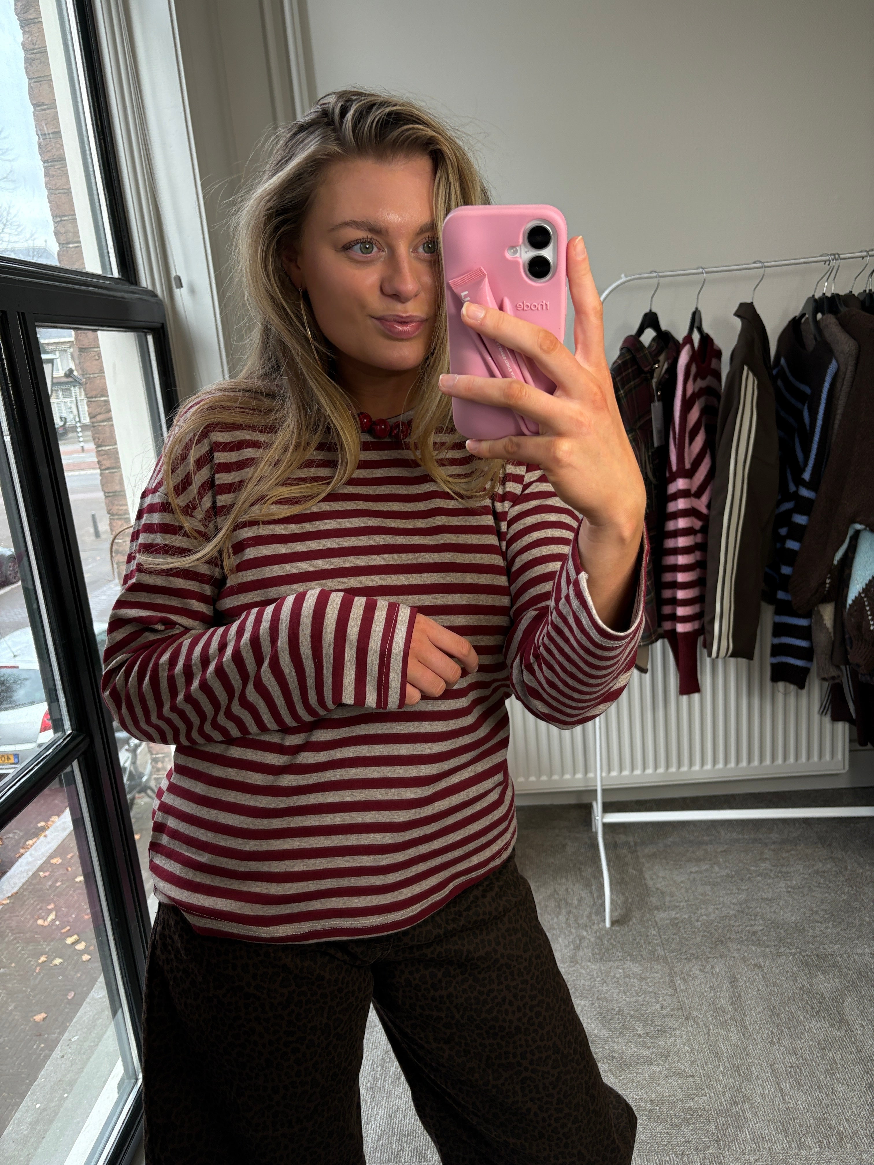 STREEPJES SHIRT GRIJS/BURGUNDY