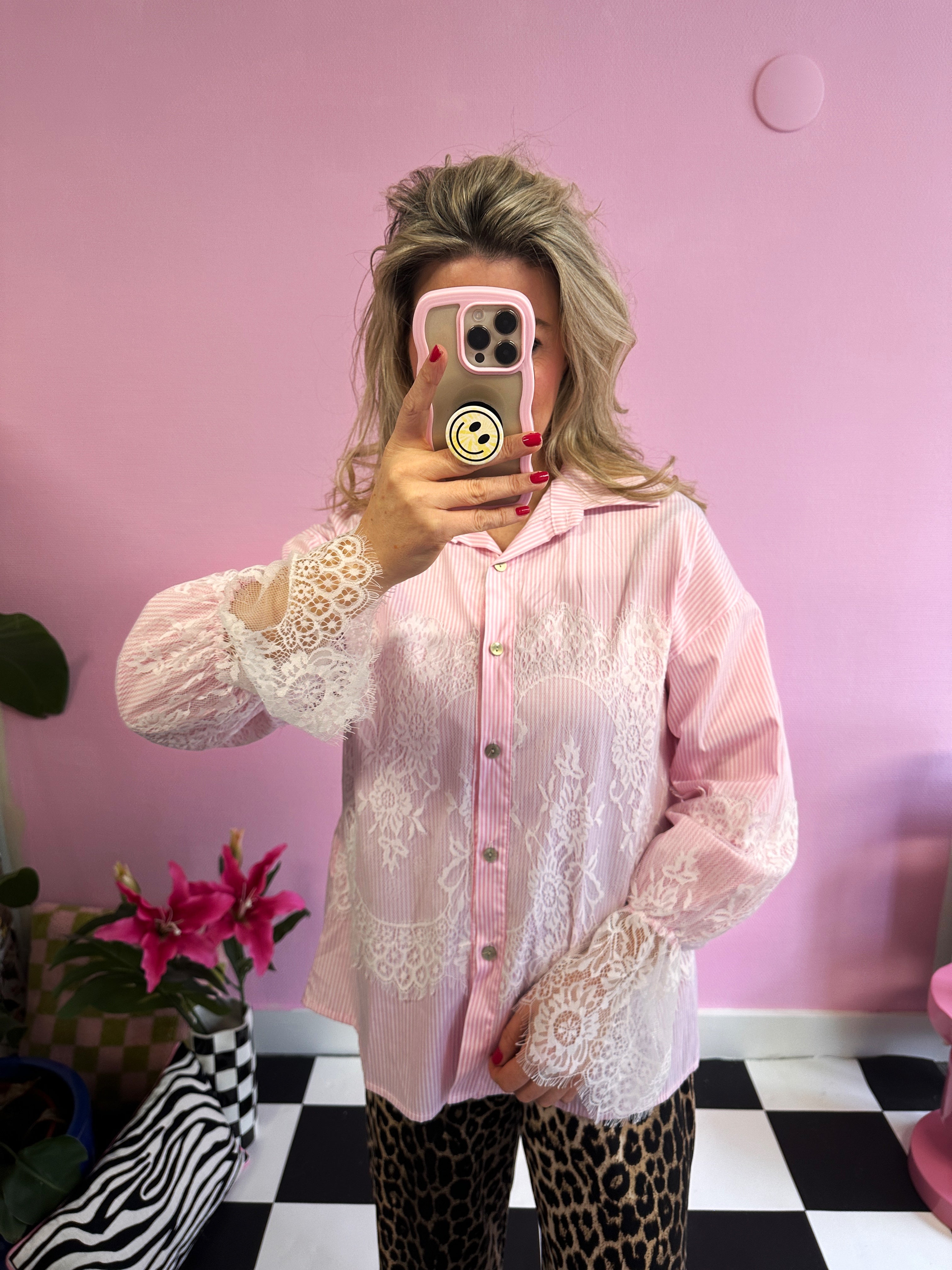 ROZE STREEPJES BLOUSE MET KANT