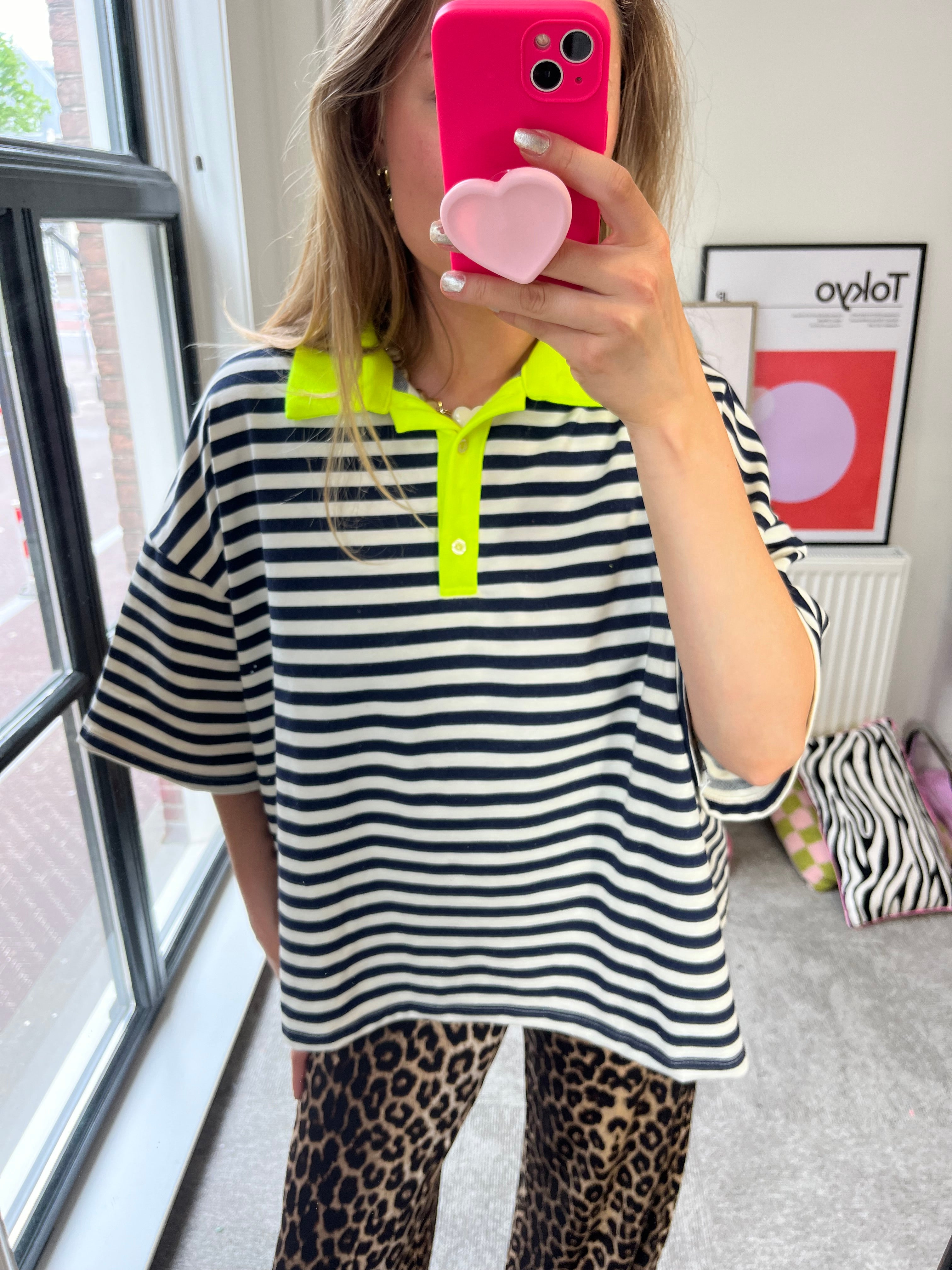 NAVY STREEPJES POLO SHIRT FLUO GEEL