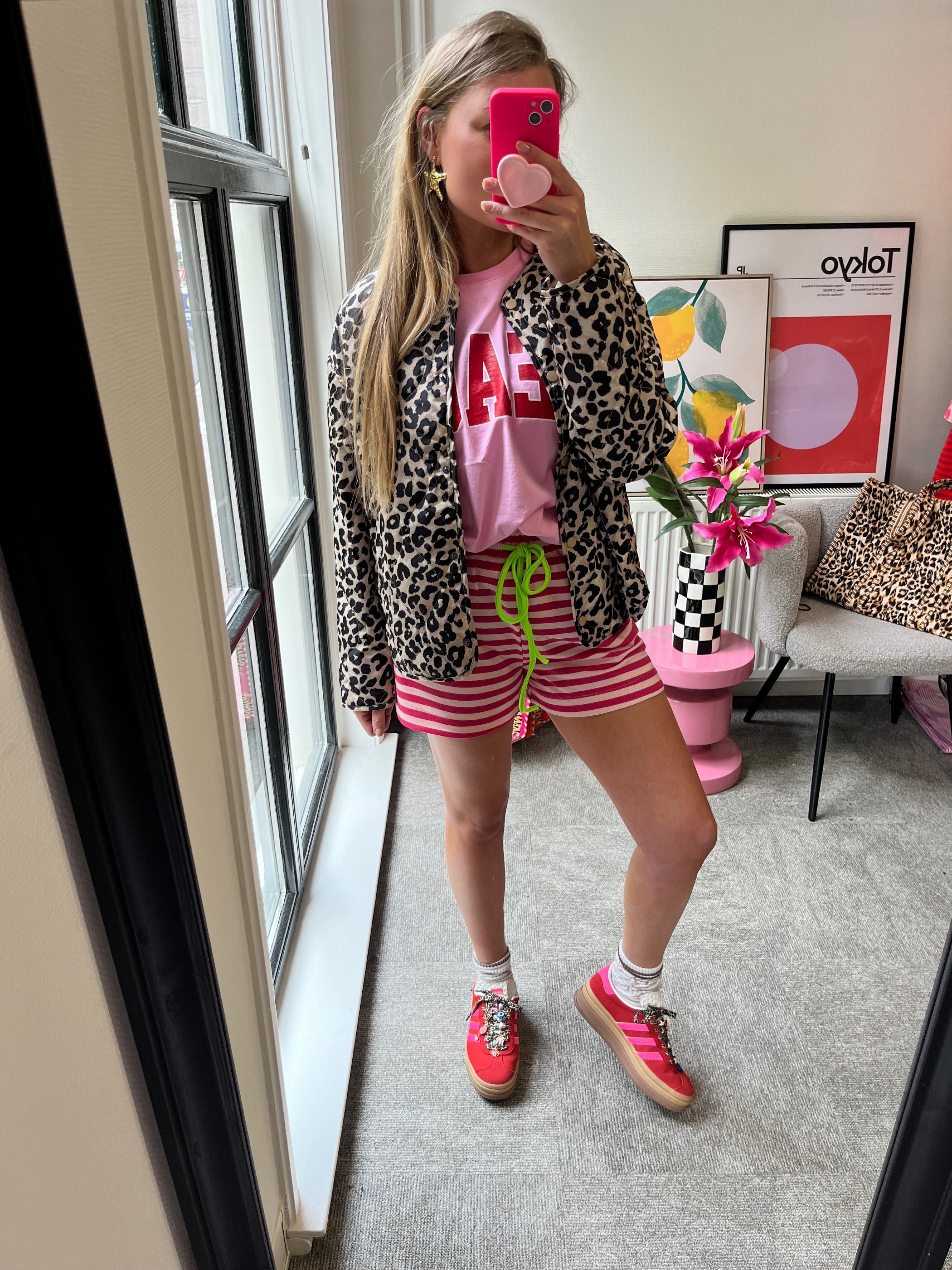 GESTREEPT SHORT ROZE
