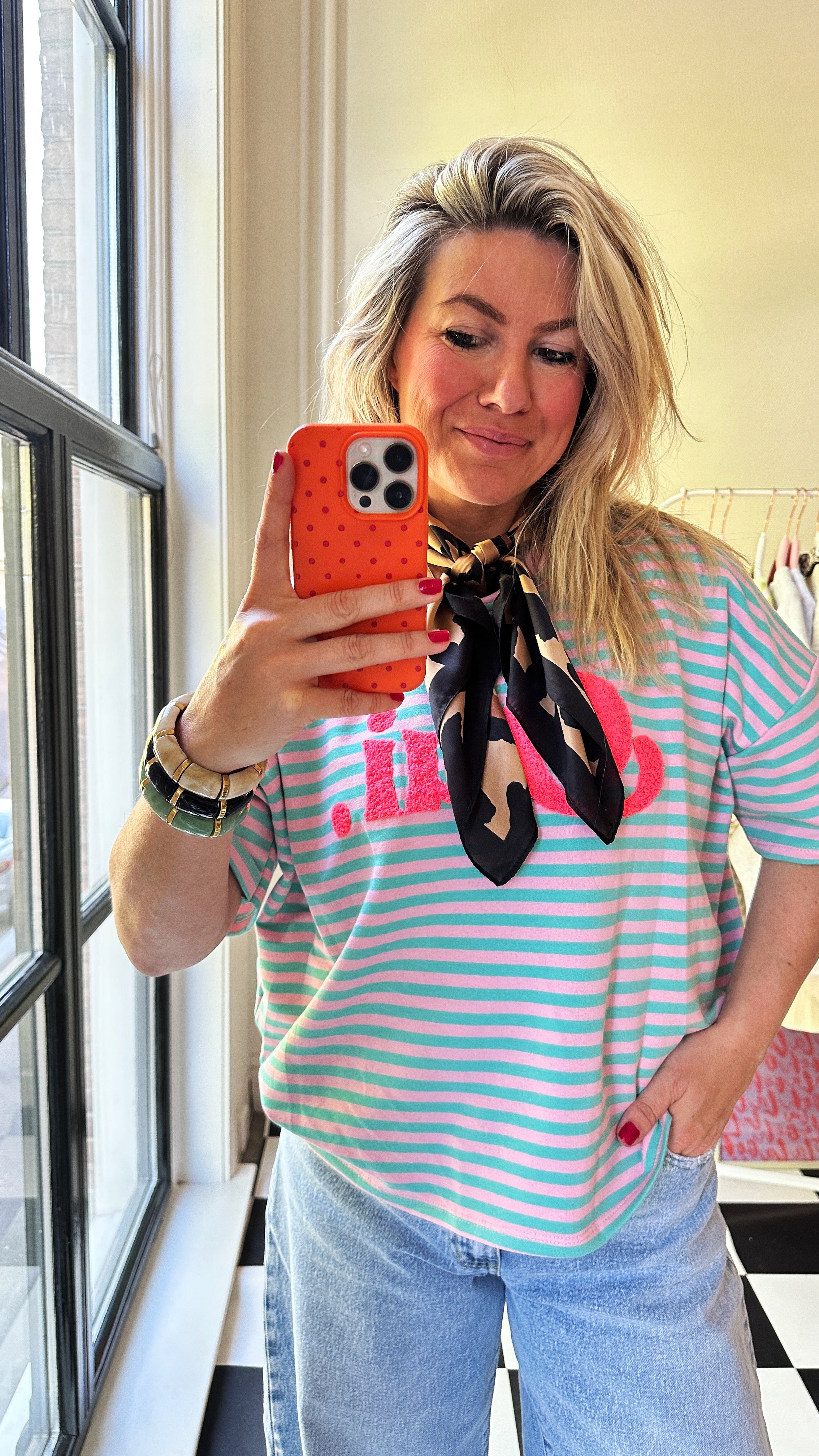 GESTREEPT T-SHIRT OUI TURQUOISE ROZE