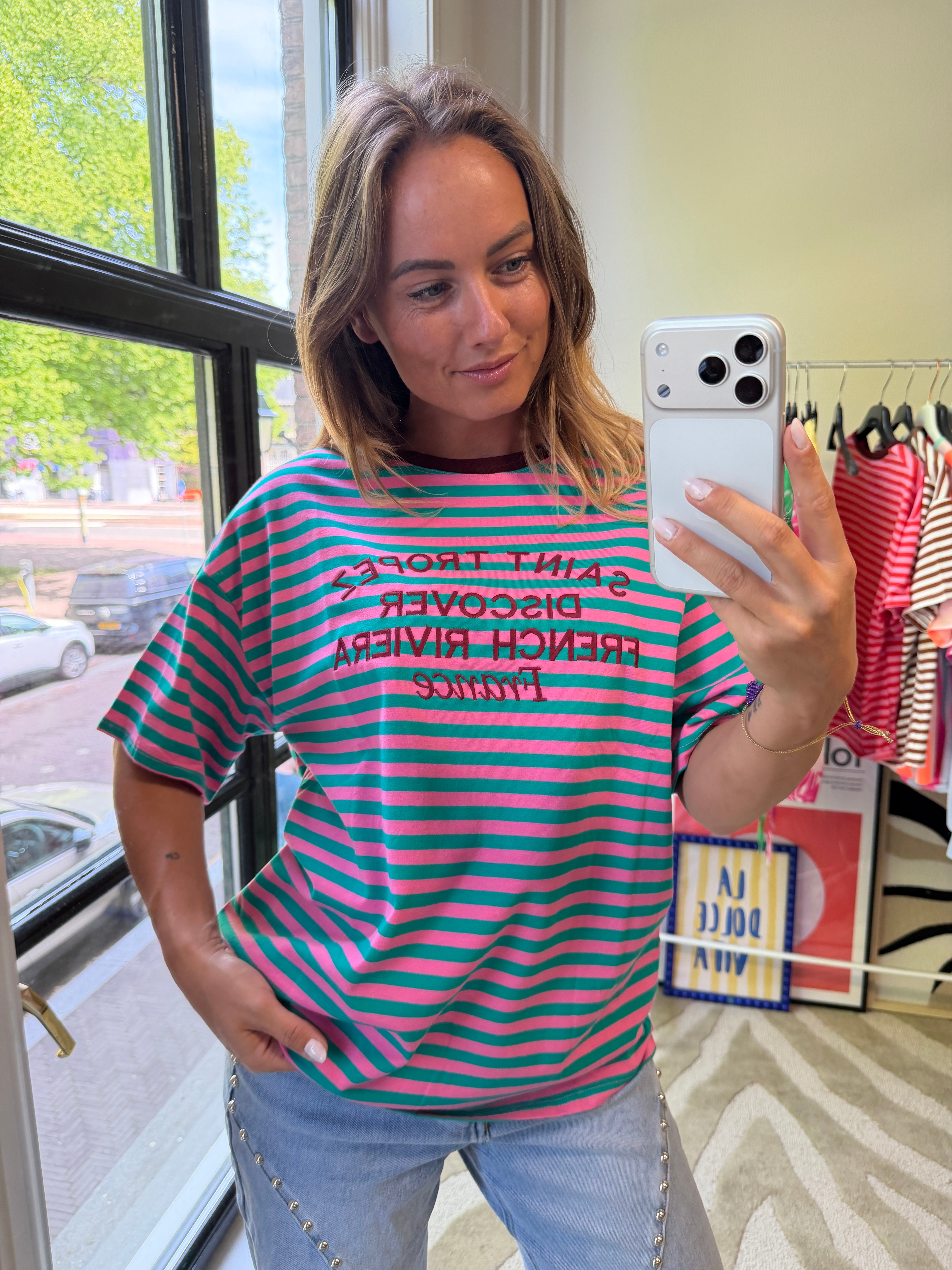 CÉLINE GESTREEPT T-SHIRT SAINT TROPEZ TURQUOISE/ROZE
