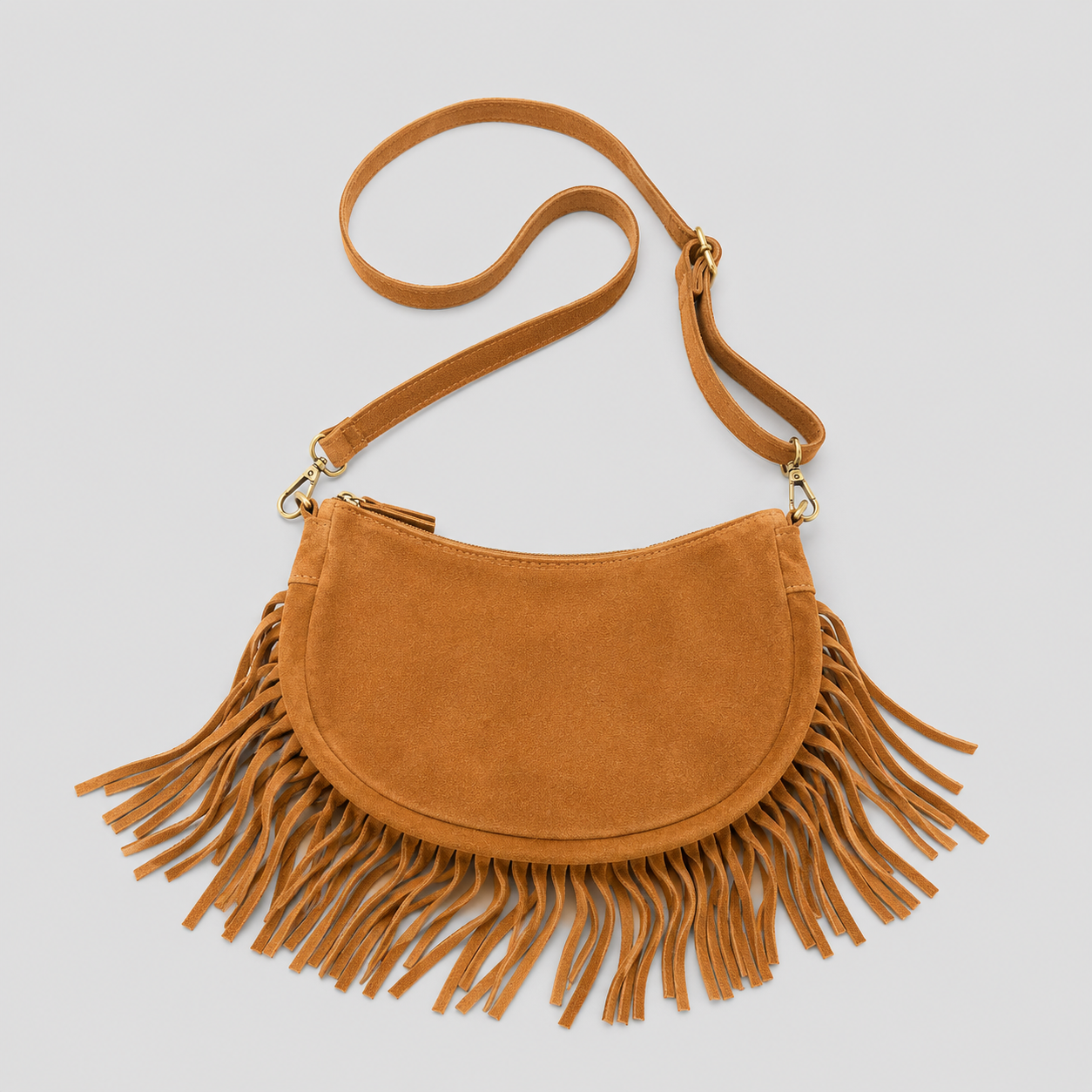 Camelkleurige tas franjes cognac suede