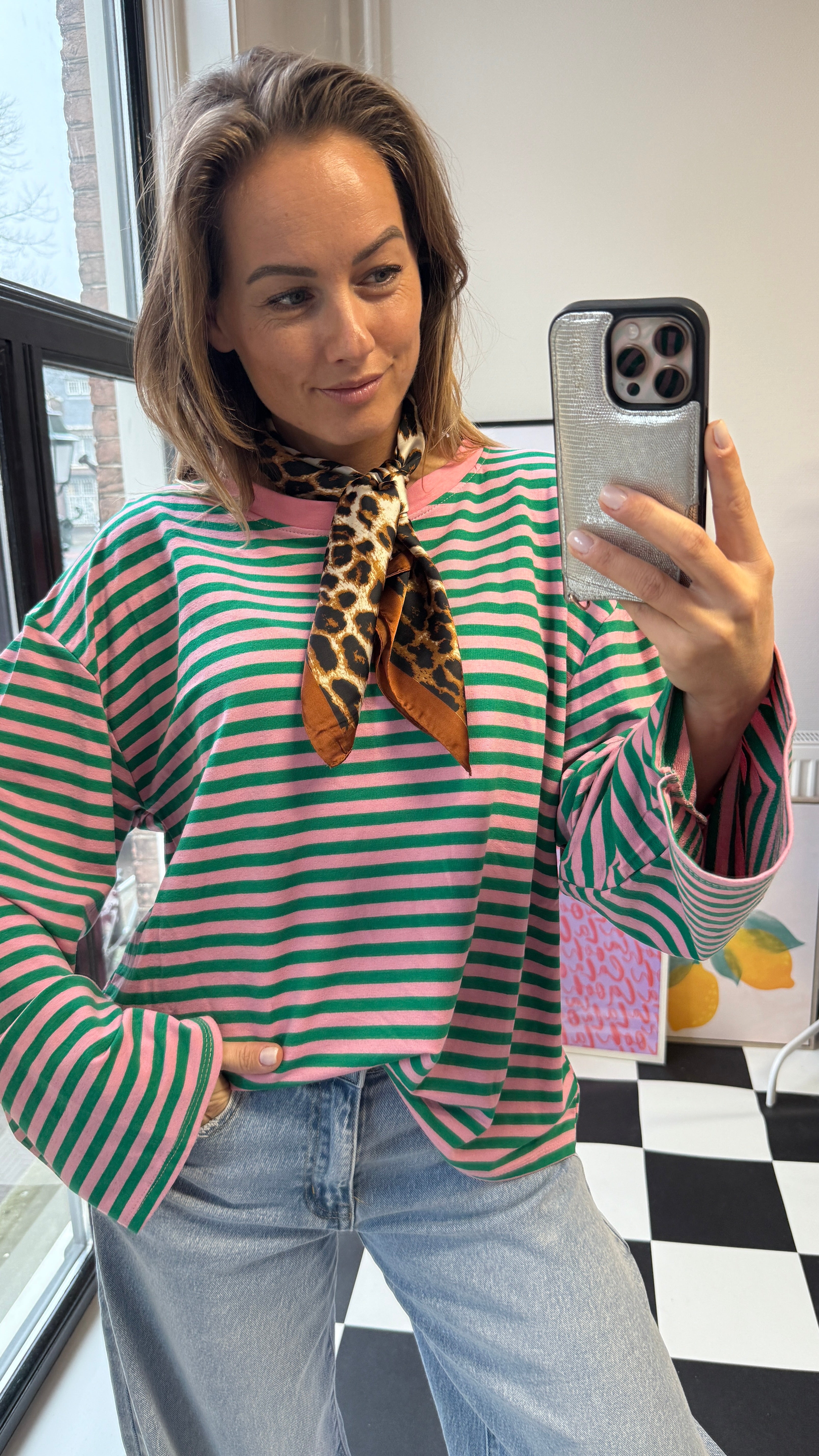 KIKI ROZE/GROEN STREEPJES SHIRT MET LANGE MOUWEN