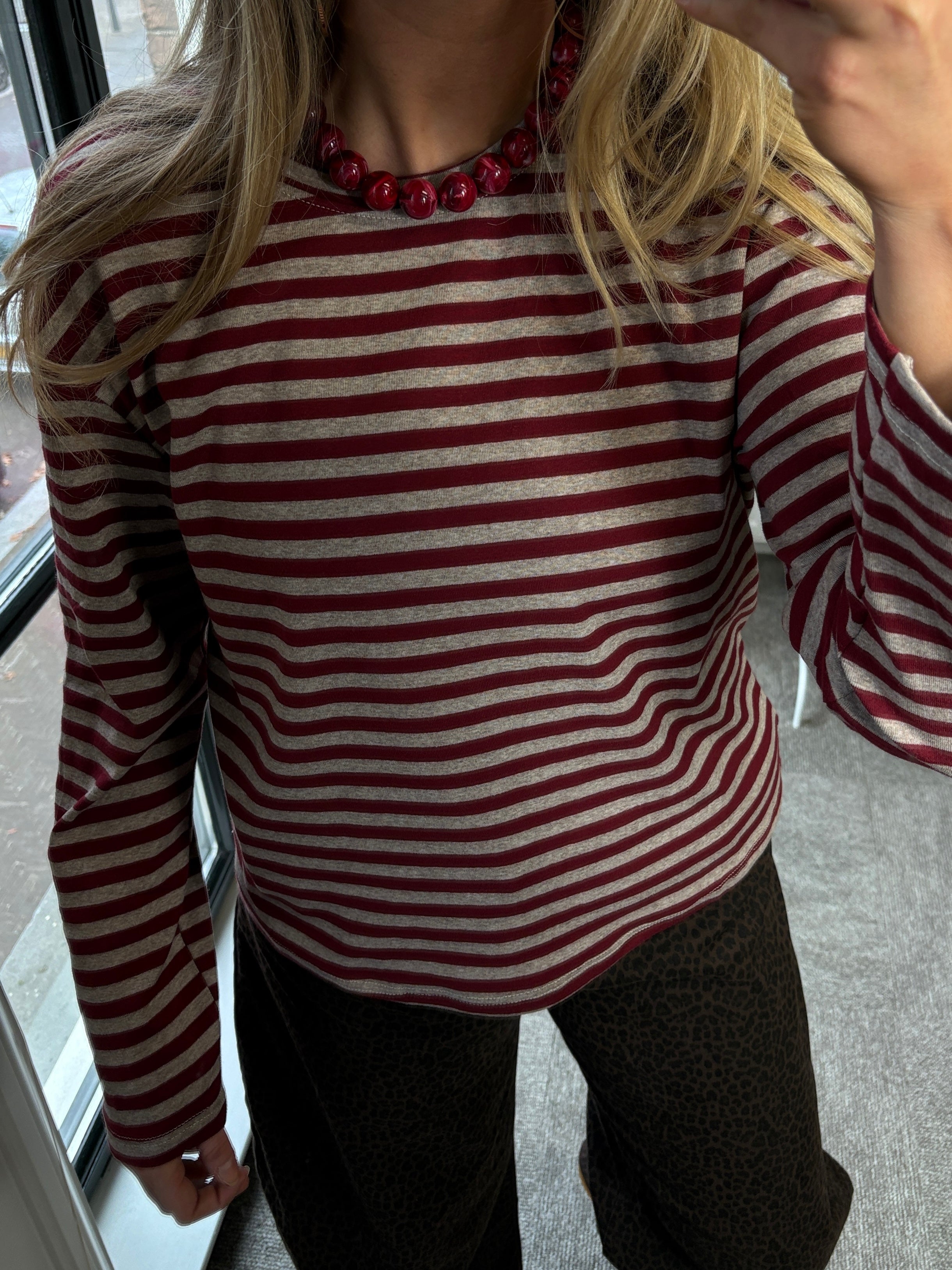 STREEPJES SHIRT GRIJS/BURGUNDY