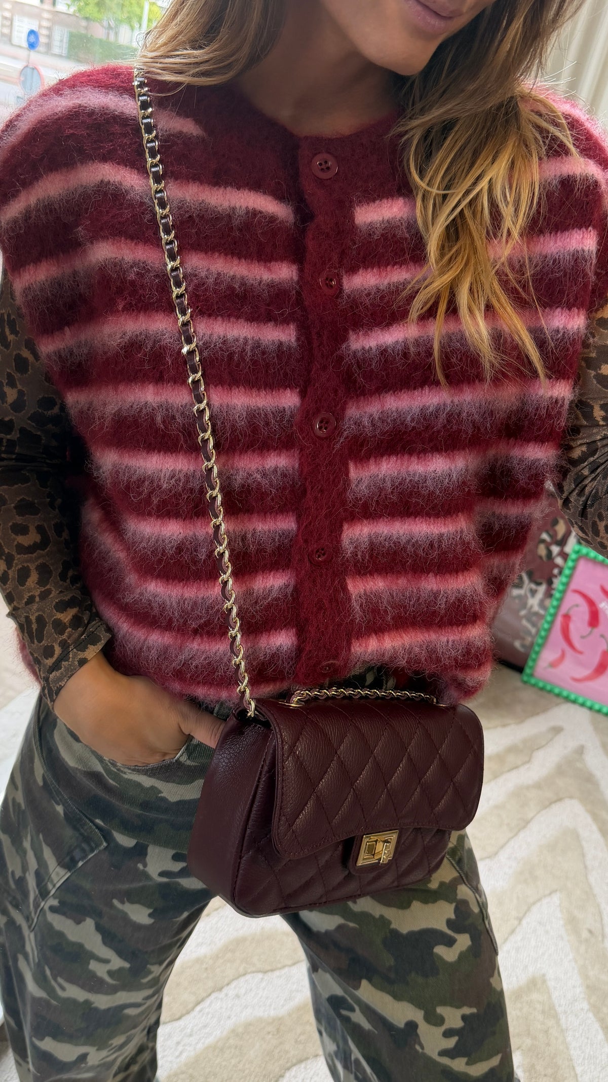 PUCK STREEPGILET BURGUNDY ROZE