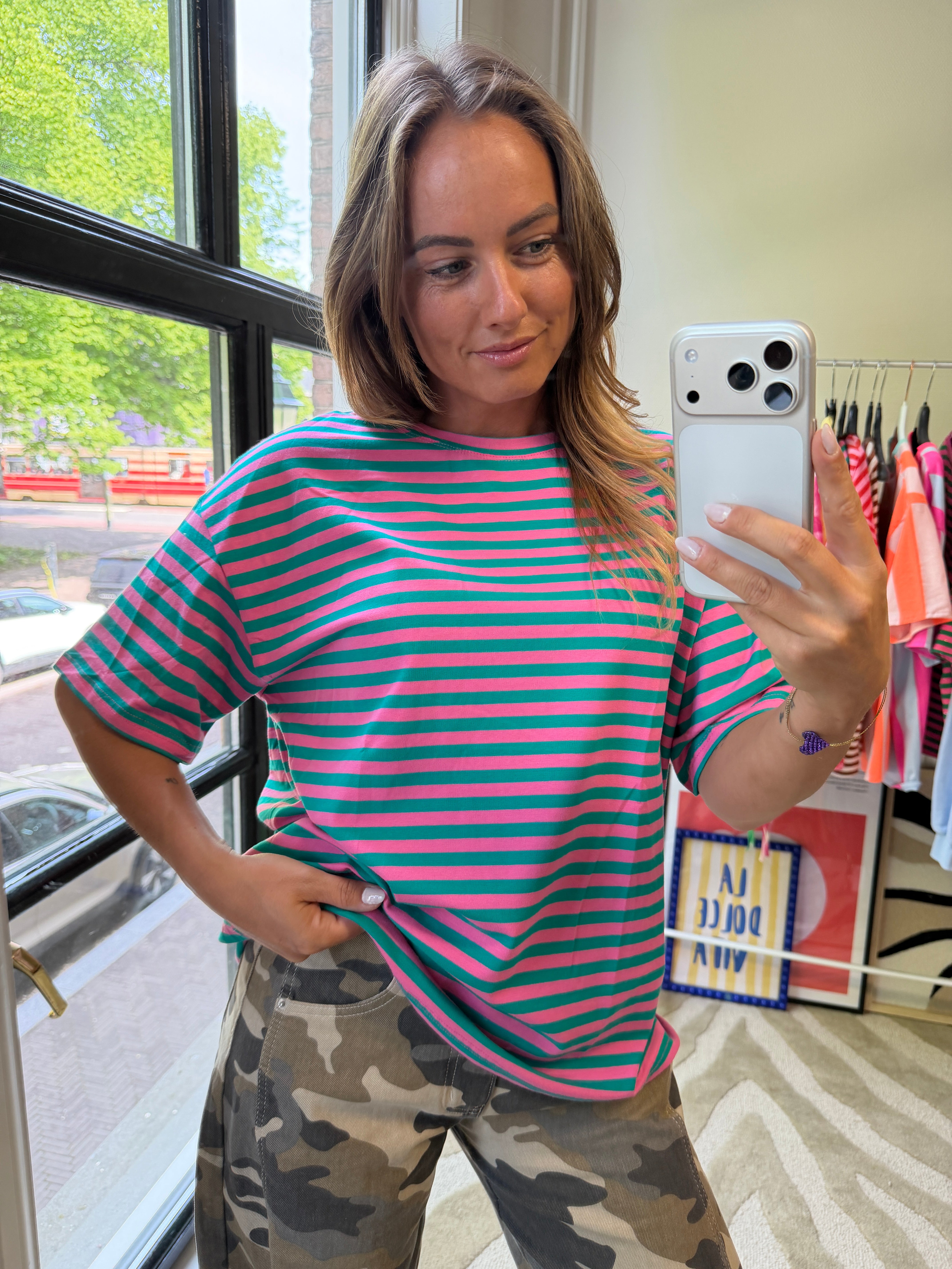 SANNY GROEN ROZE STREEPSHIRT