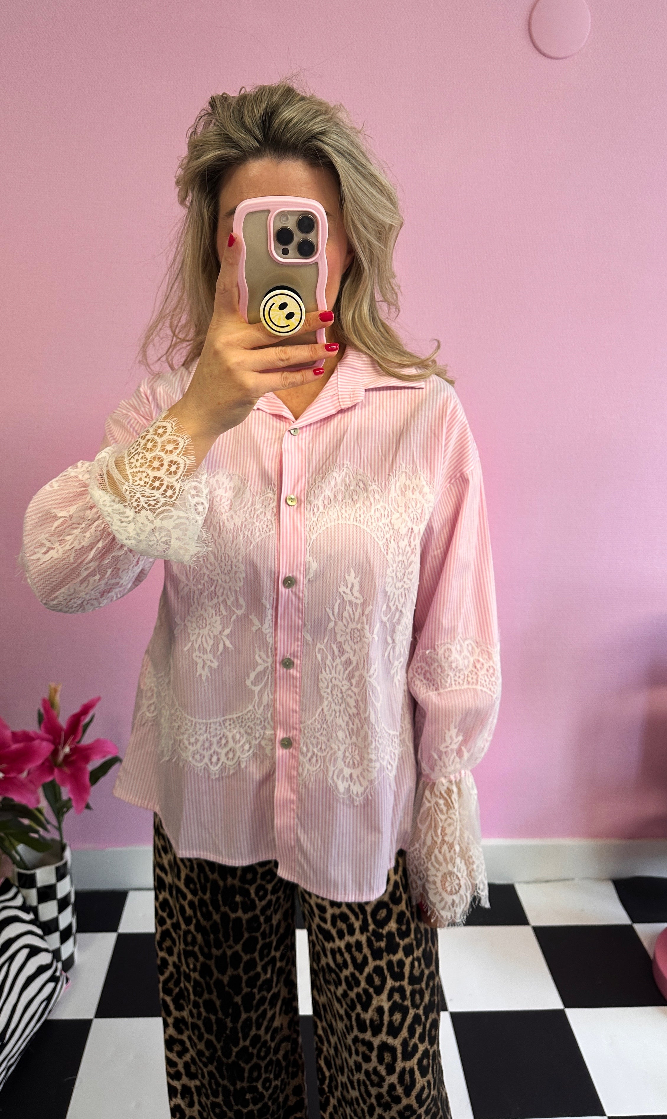 ROZE STREEPJES BLOUSE MET KANT