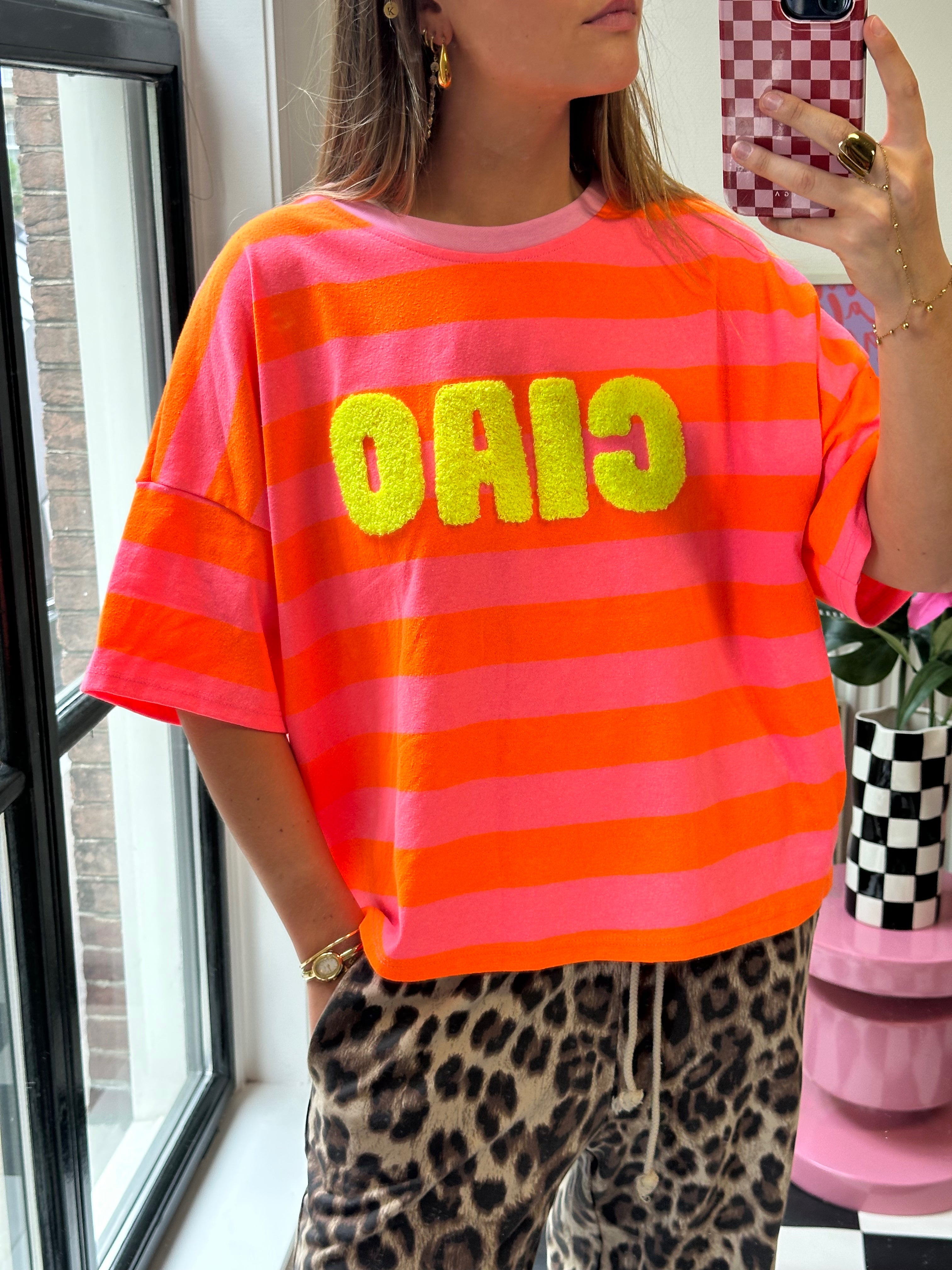 CIAO GESTREEPT T-SHIRT ROZE/ORANJE