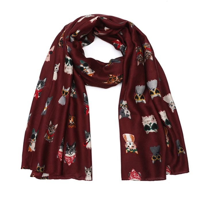 BURGUNDY SJAAL MET POEZEN EN KATTEN