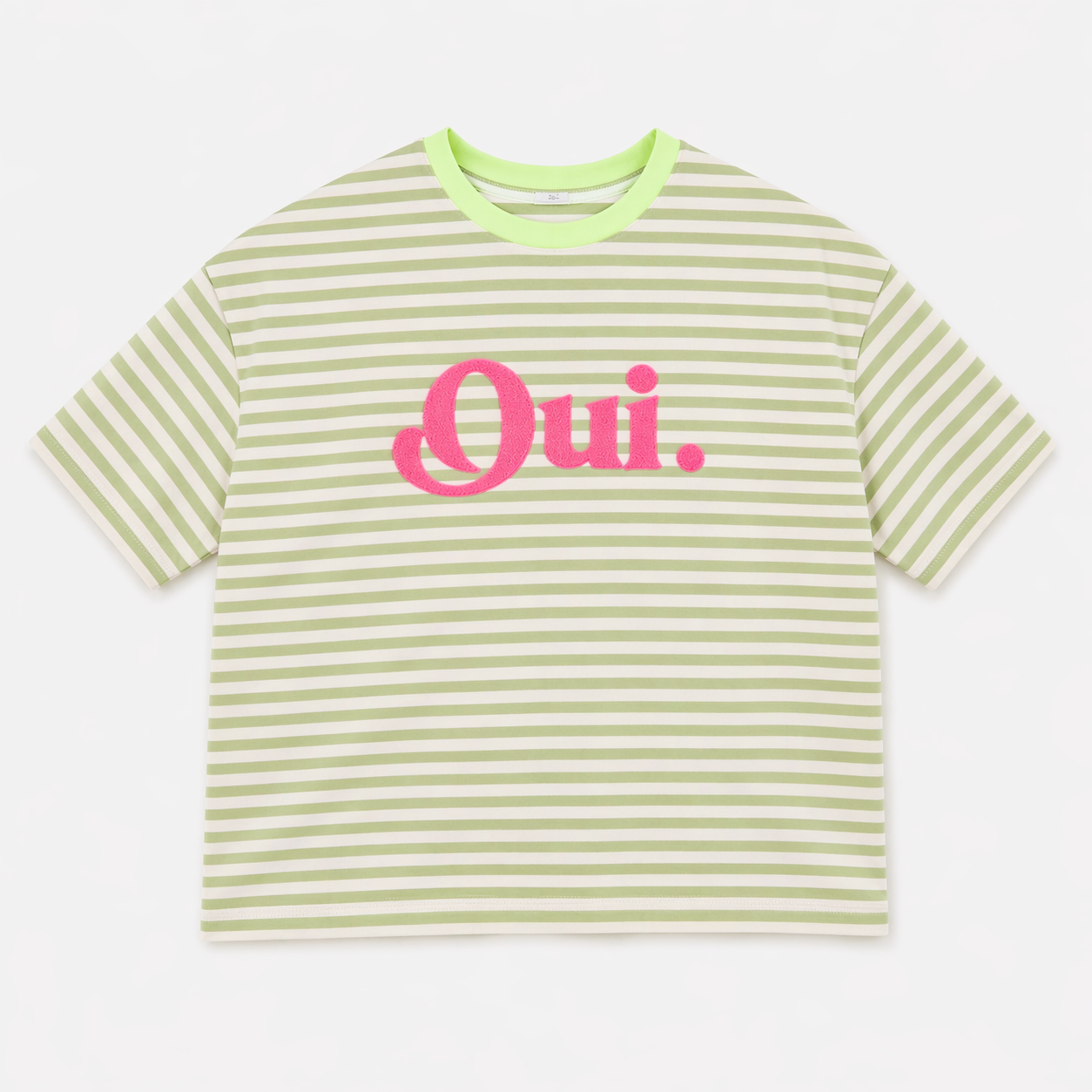 t-shirt gestreept groen en beige en roze letters